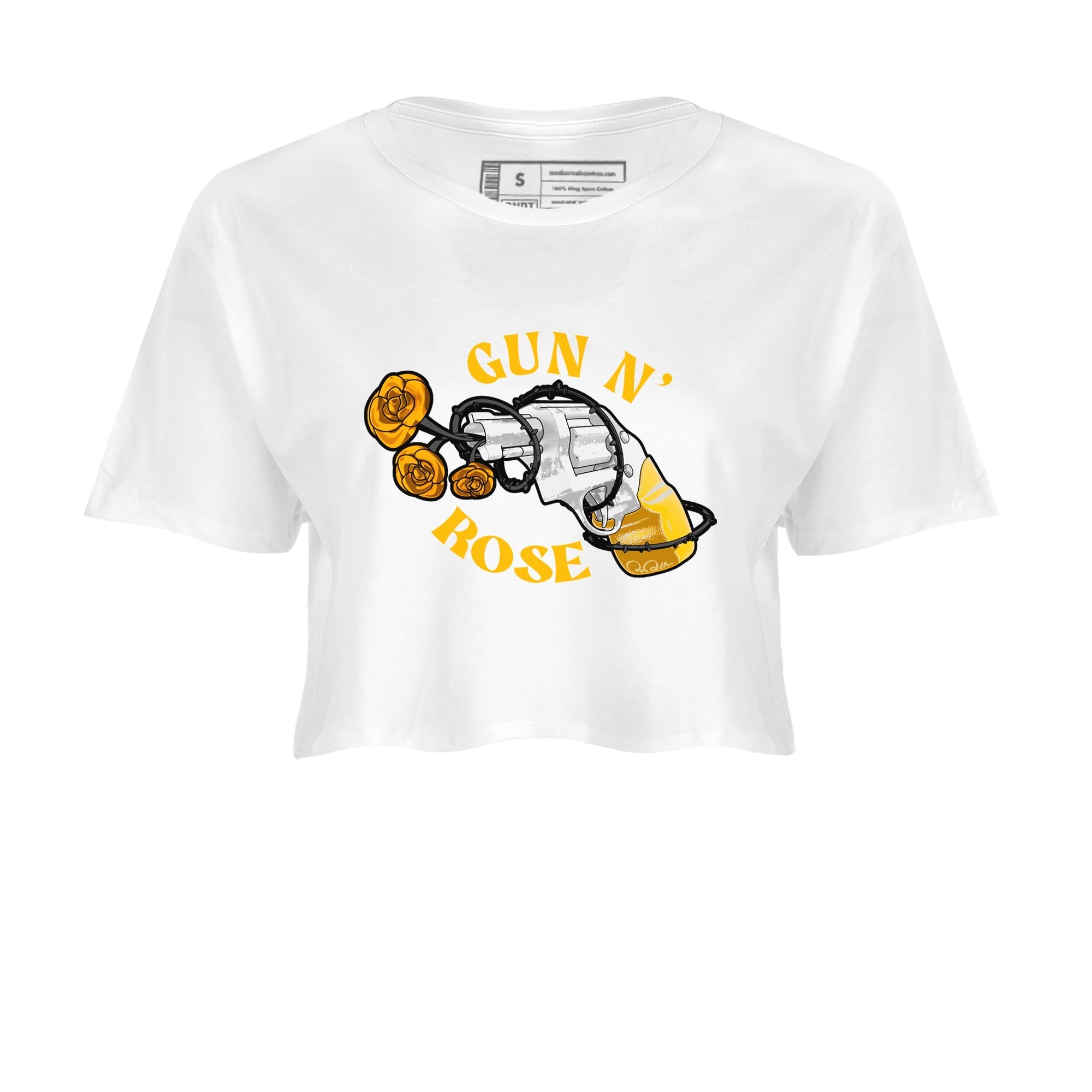 Air Jordan 6 Yellow Ochre shirt to match jordans Gun N Rose sneaker tees streetwear brand AJ6 Yellow Ochre Drip Gear Zone Brand White 2 crop length shirt