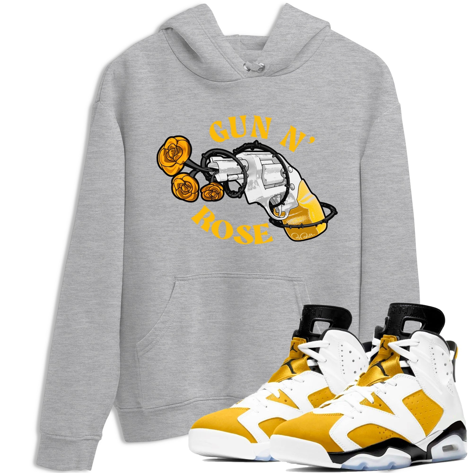 Air Jordan 6 Yellow Ochre shirt to match jordans Gun N Rose sneaker tees streetwear brand AJ6 Yellow Ochre Drip Gear Zone Brand unisex cotton Heather Grey 1 crew neck shirt