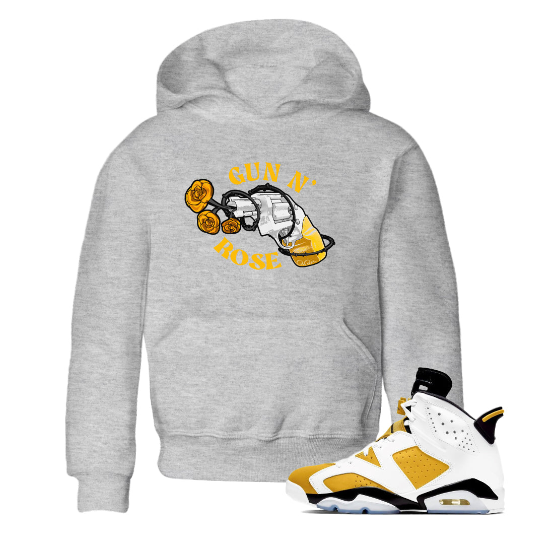 Air Jordan 6 Yellow Ochre shirt to match jordans Gun N Rose sneaker tees streetwear brand AJ6 Yellow Ochre Drip Gear Zone Brand baby toddler Heather Grey 1 cotton Shirt