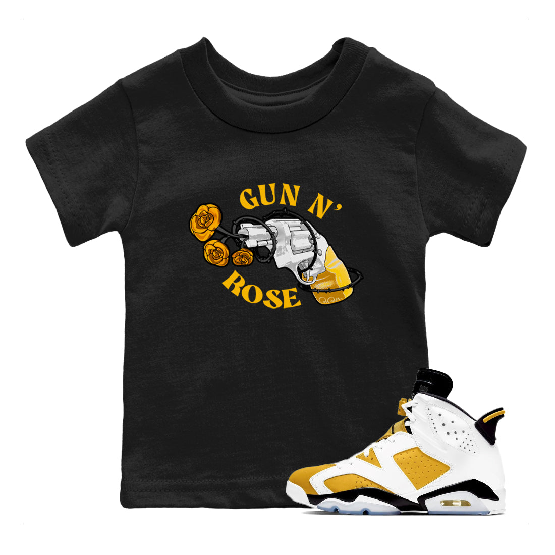 Air Jordan 6 Yellow Ochre shirt to match jordans Gun N Rose sneaker tees streetwear brand AJ6 Yellow Ochre Drip Gear Zone Brand baby toddler Black 1 cotton Shirt