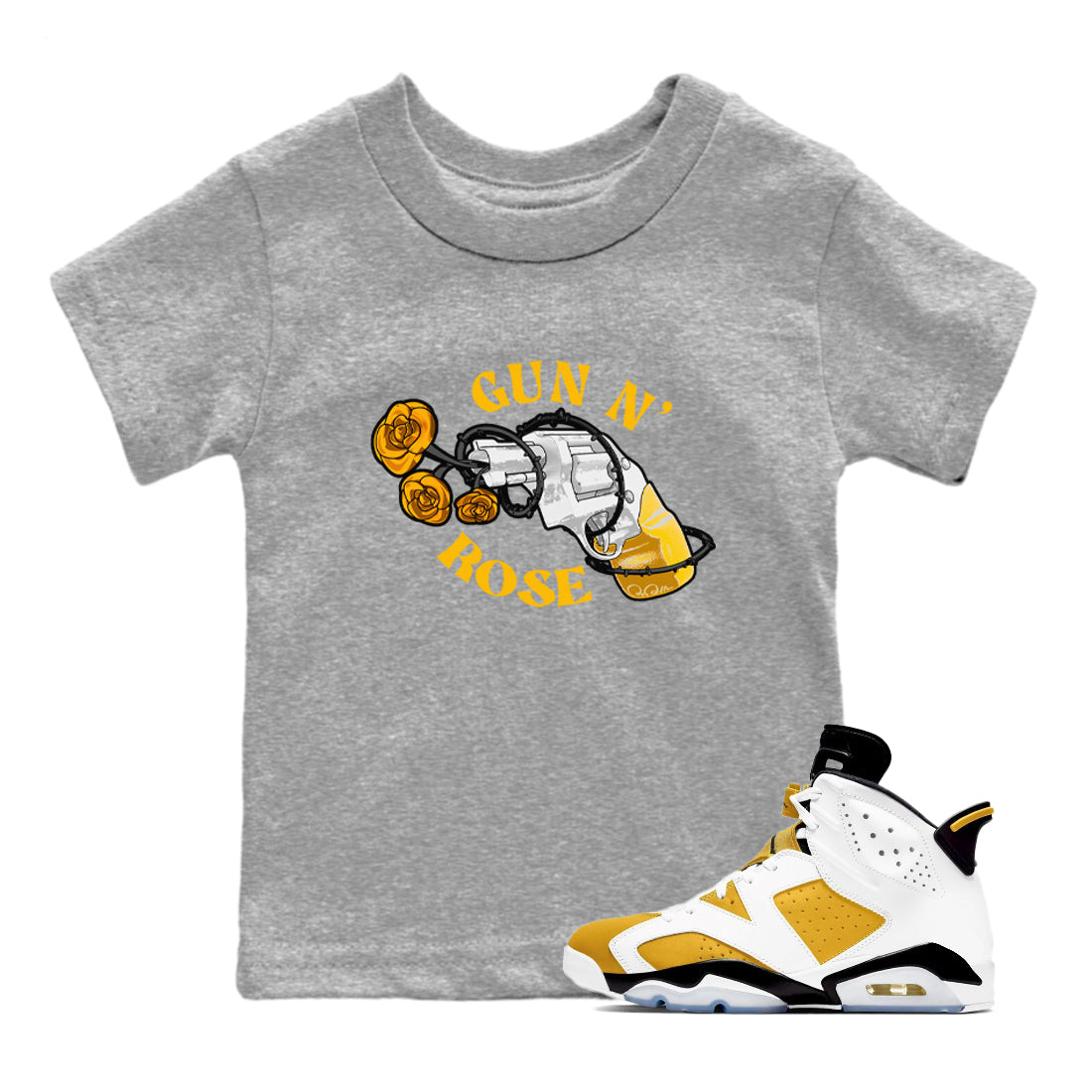 Air Jordan 6 Yellow Ochre shirt to match jordans Gun N Rose sneaker tees streetwear brand AJ6 Yellow Ochre Drip Gear Zone Brand baby toddler Heather Grey 1 cotton Shirt