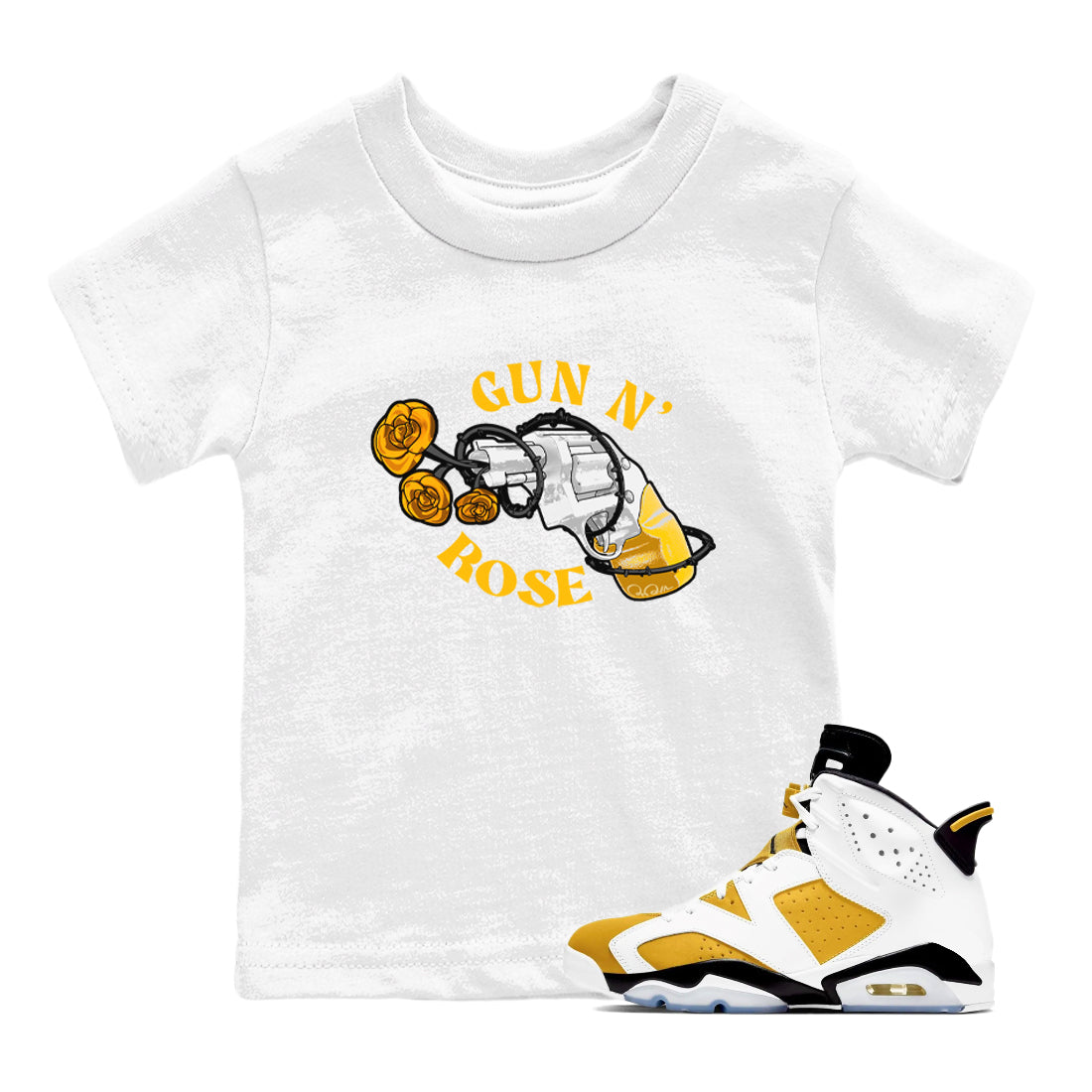 Air Jordan 6 Yellow Ochre shirt to match jordans Gun N Rose sneaker tees streetwear brand AJ6 Yellow Ochre Drip Gear Zone Brand baby toddler White 1 cotton Shirt