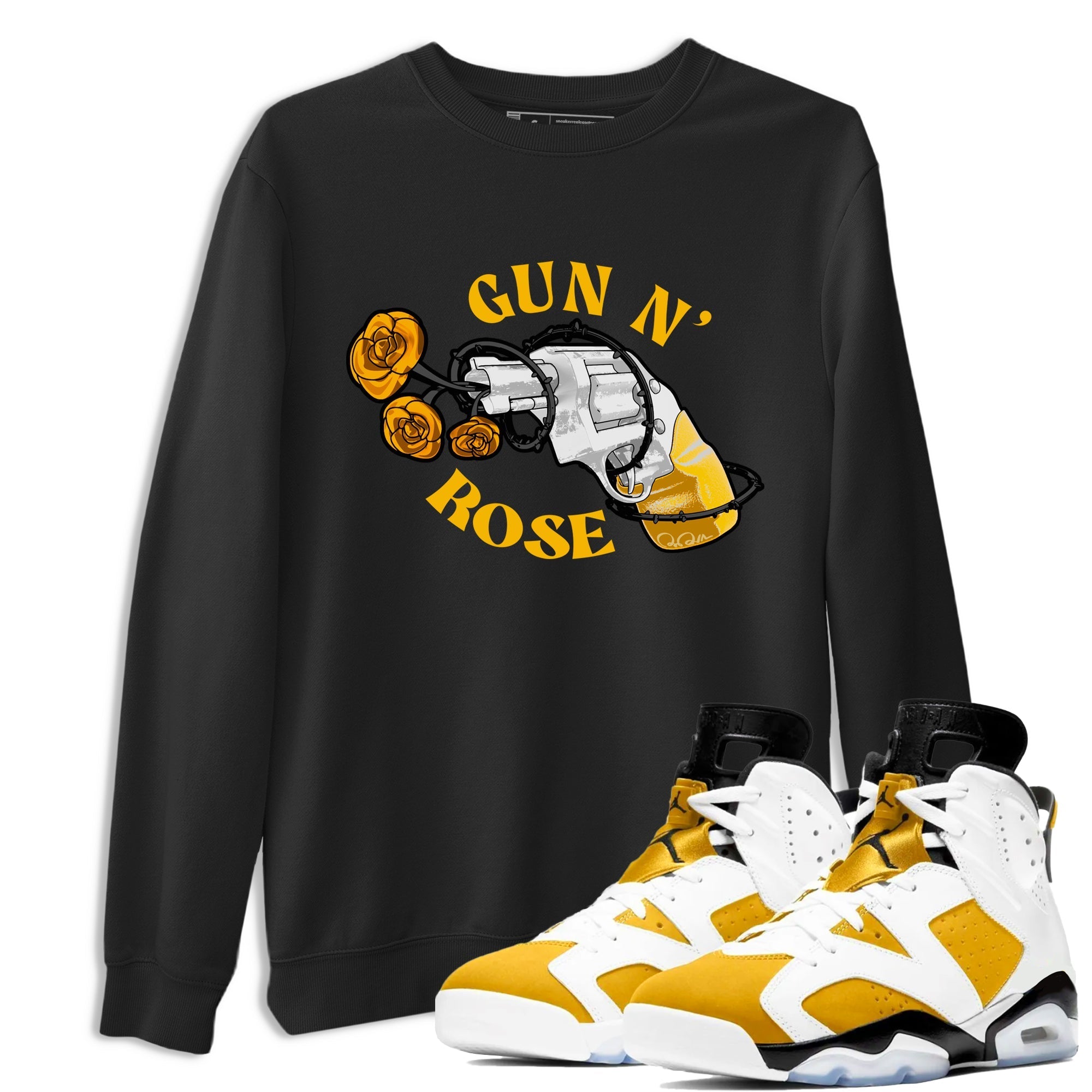 Air Jordan 6 Yellow Ochre shirt to match jordans Gun N Rose sneaker tees streetwear brand AJ6 Yellow Ochre Drip Gear Zone Brand unisex cotton Black 1 crew neck shirt