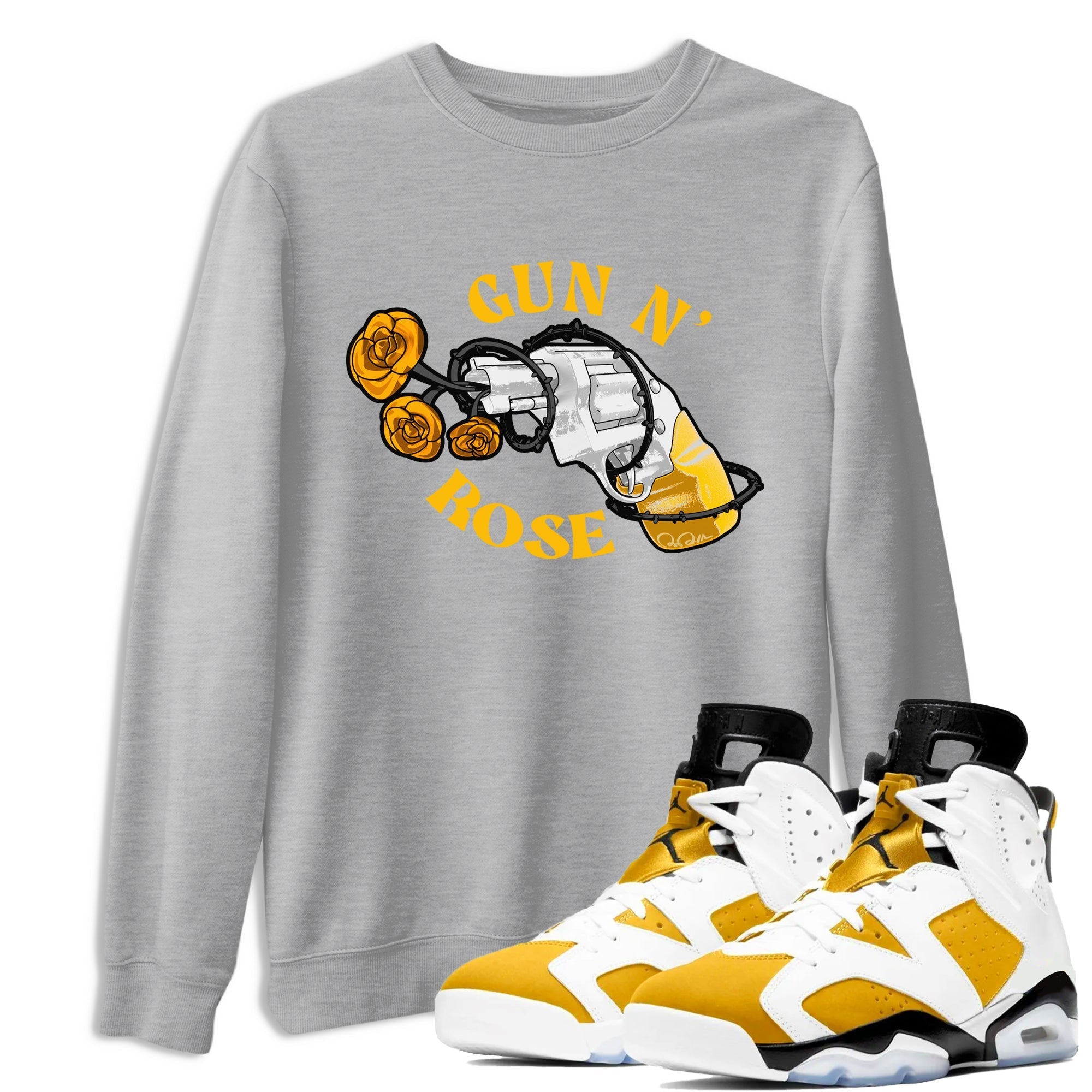 Air Jordan 6 Yellow Ochre shirt to match jordans Gun N Rose sneaker tees streetwear brand AJ6 Yellow Ochre Drip Gear Zone Brand unisex cotton Heather Grey 1 crew neck shirt