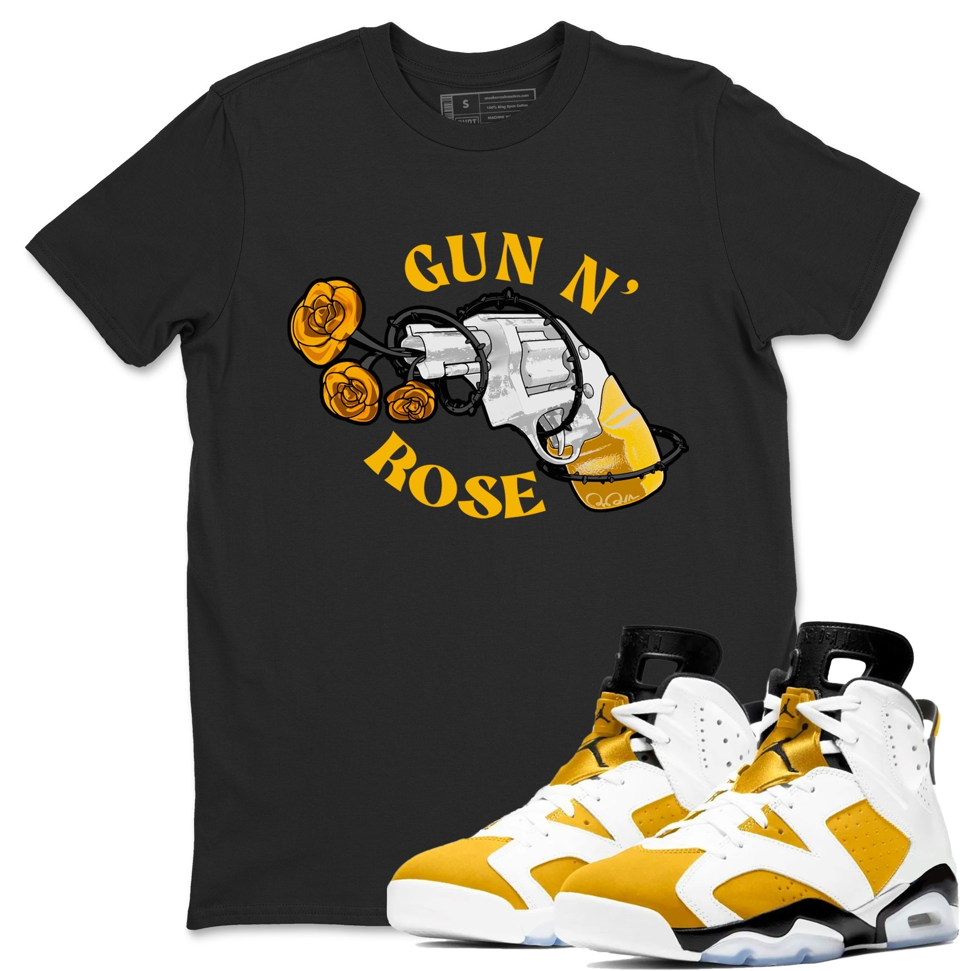 Air Jordan 6 Yellow Ochre shirt to match jordans Gun N Rose sneaker tees streetwear brand AJ6 Yellow Ochre Drip Gear Zone Brand unisex cotton Black 1 crew neck shirt