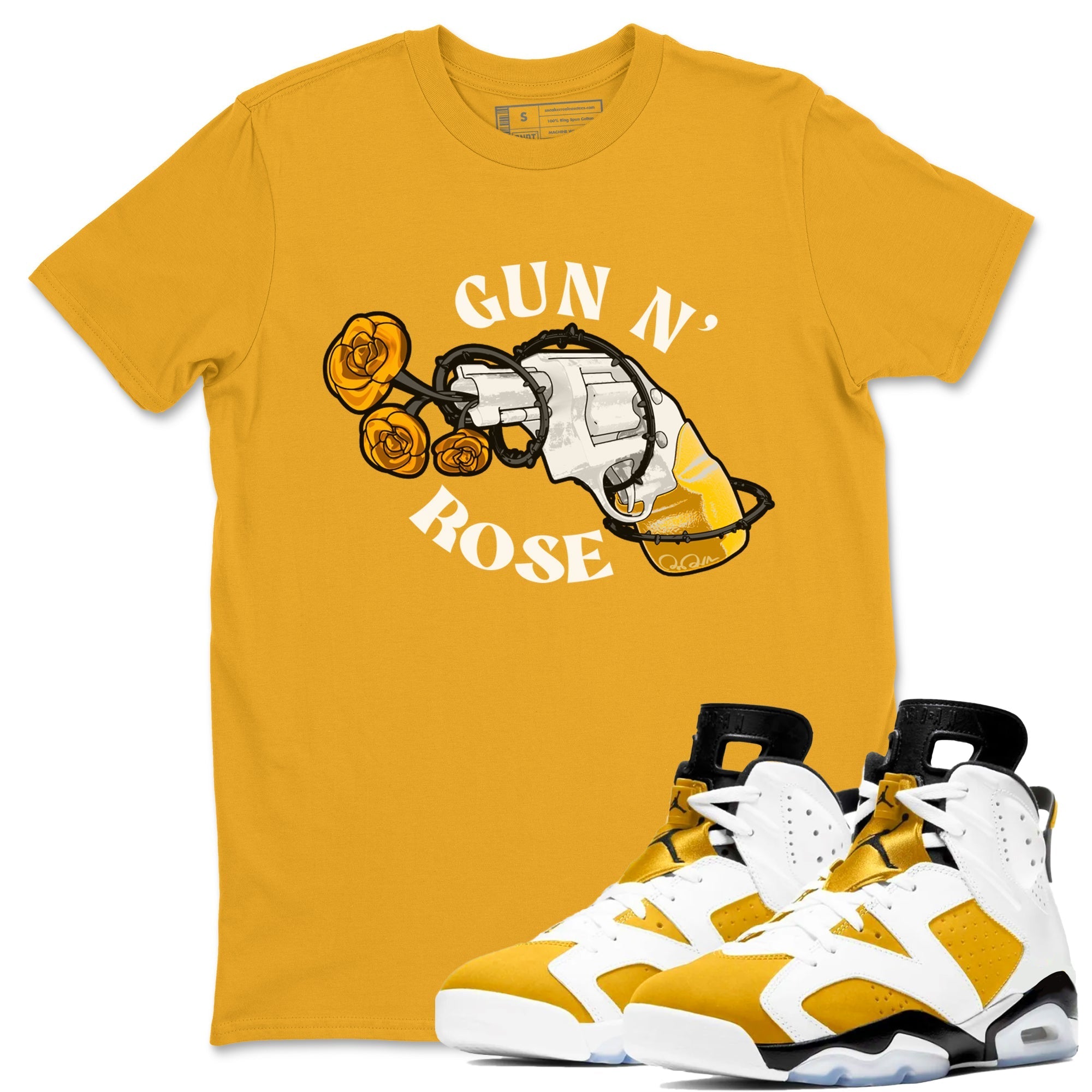 Air Jordan 6 Yellow Ochre shirt to match jordans Gun N Rose sneaker tees streetwear brand AJ6 Yellow Ochre Drip Gear Zone Brand unisex cotton Gold 1 crew neck shirt