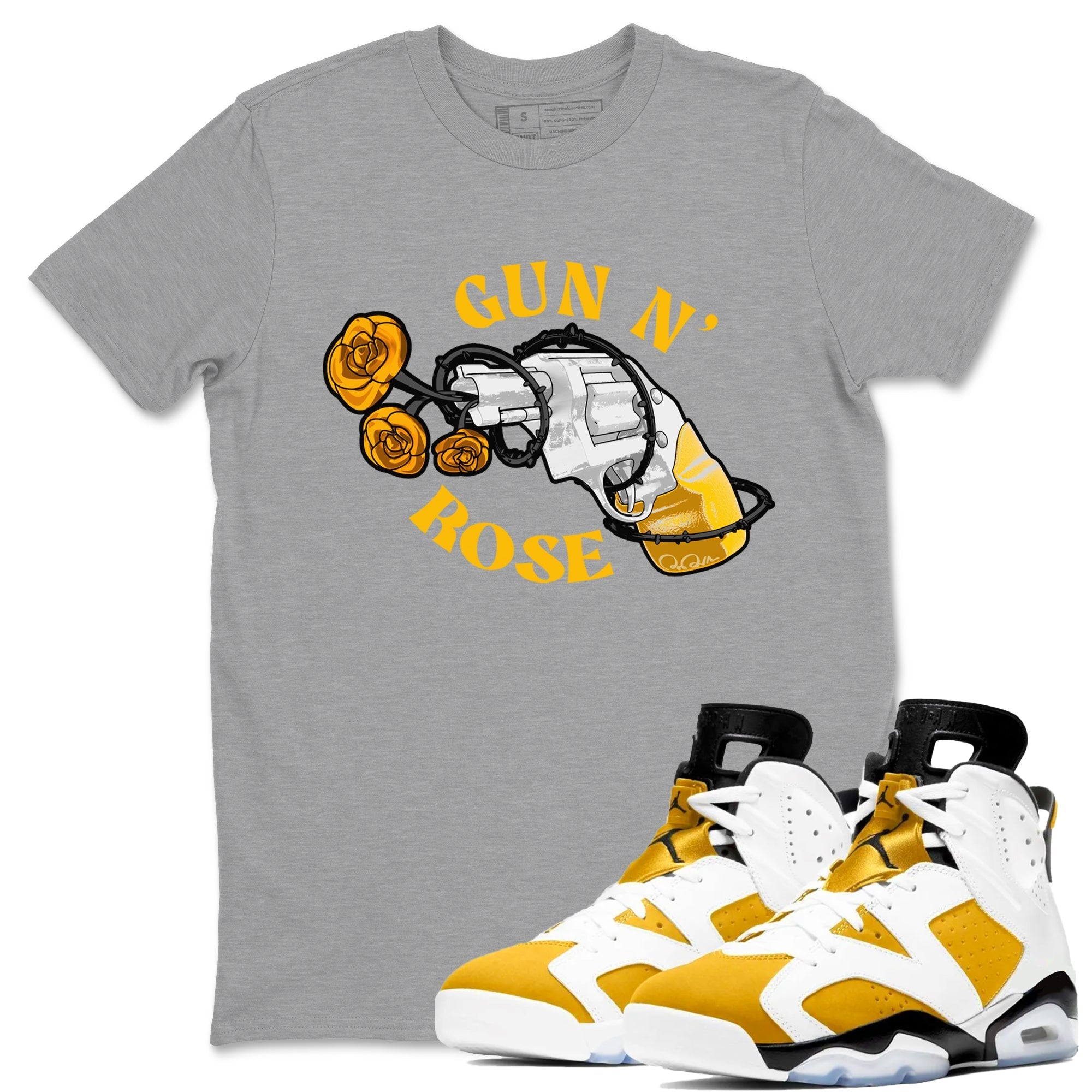 Air Jordan 6 Yellow Ochre shirt to match jordans Gun N Rose sneaker tees streetwear brand AJ6 Yellow Ochre Drip Gear Zone Brand unisex cotton Heather Grey 1 crew neck shirt