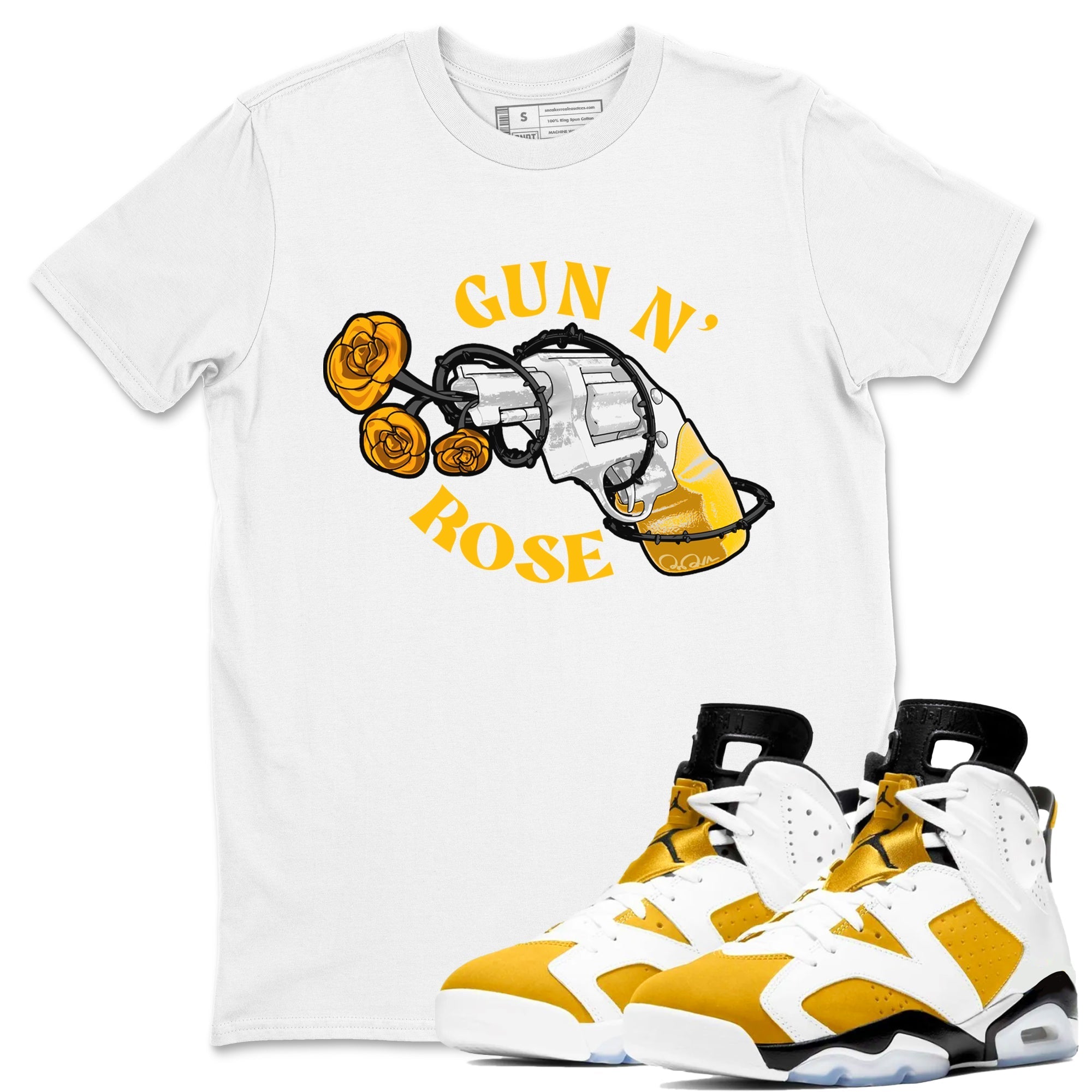 Air Jordan 6 Yellow Ochre shirt to match jordans Gun N Rose sneaker tees streetwear brand AJ6 Yellow Ochre Drip Gear Zone Brand unisex cotton White 1 crew neck shirt