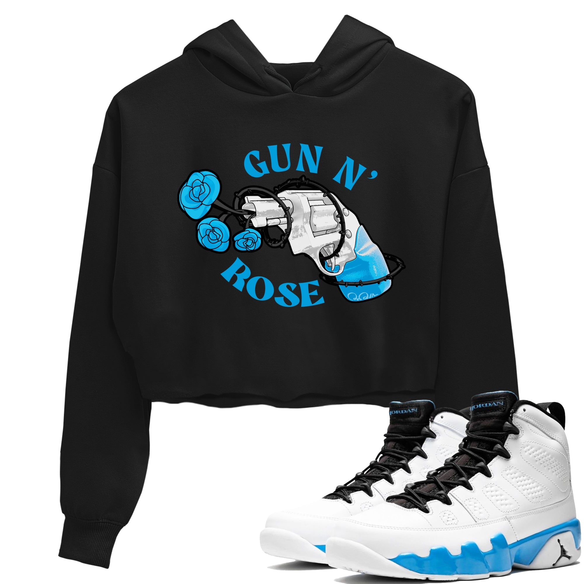 9s Powder Blue shirt to match jordans Gun N Rose sneaker tees Air Jordan 9 Powder Blue Drip Gear Zone Black 1 crop length shirt