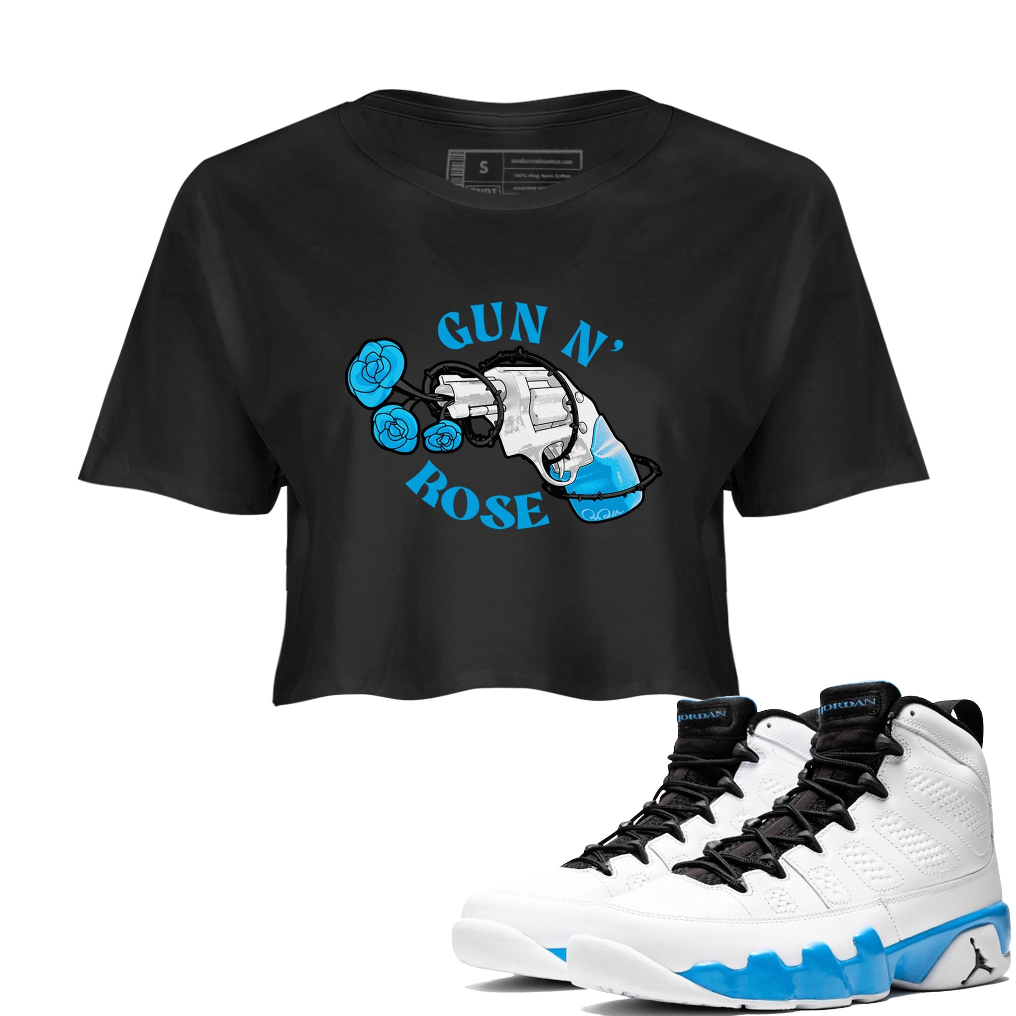 9s Powder Blue shirt to match jordans Gun N Rose sneaker tees Air Jordan 9 Powder Blue Drip Gear Zone Black 1 crop length shirt