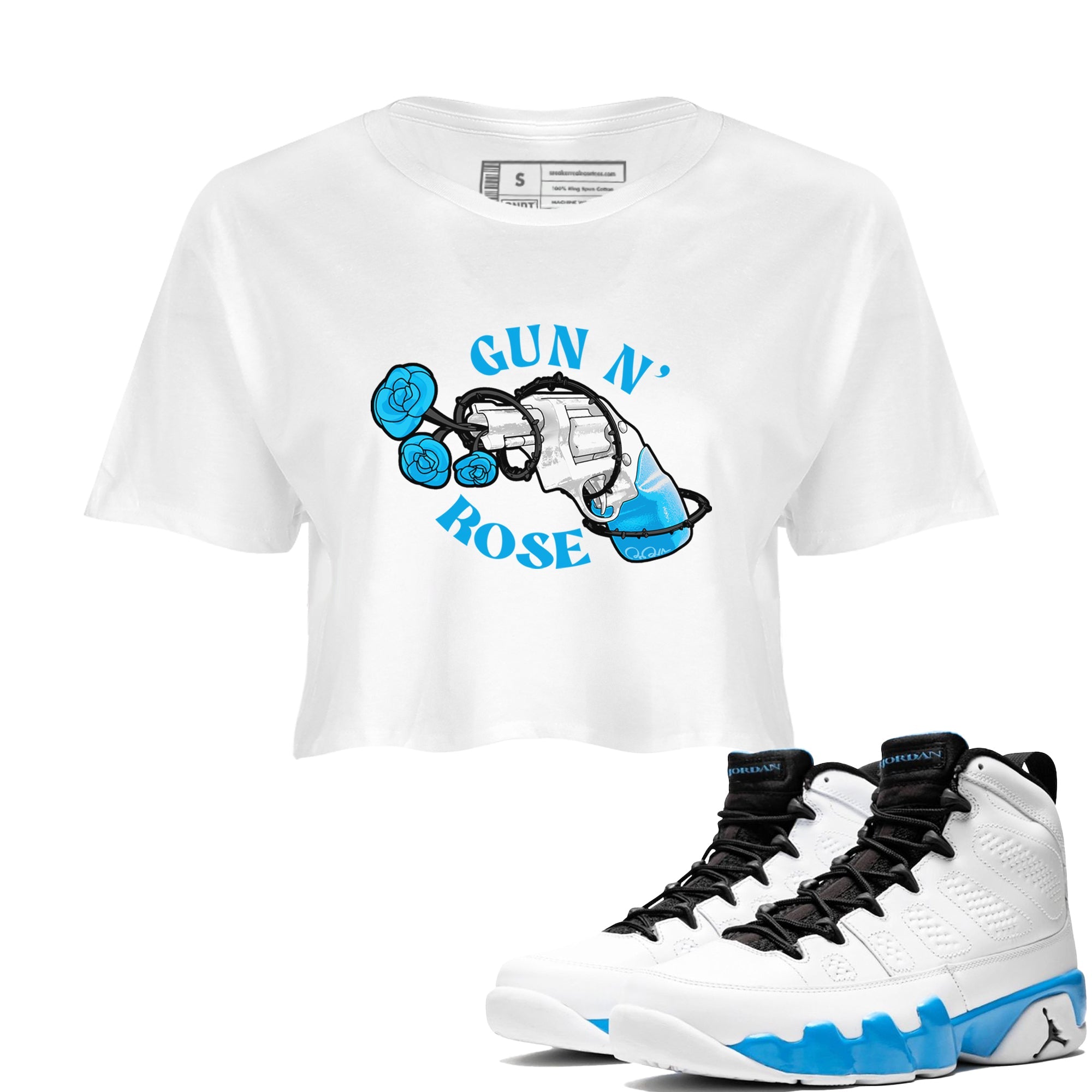 9s Powder Blue shirt to match jordans Gun N Rose sneaker tees Air Jordan 9 Powder Blue Drip Gear Zone White 1 crop length shirt