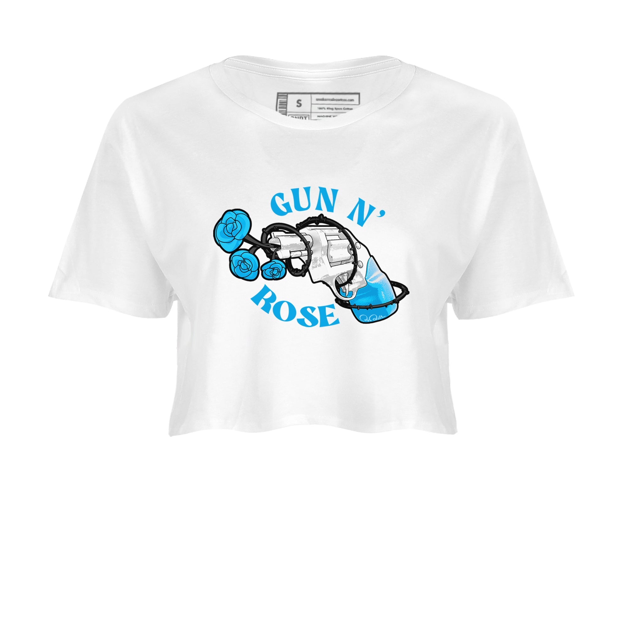 9s Powder Blue shirt to match jordans Gun N Rose sneaker tees Air Jordan 9 Powder Blue Drip Gear Zone White 2 crop length shirt