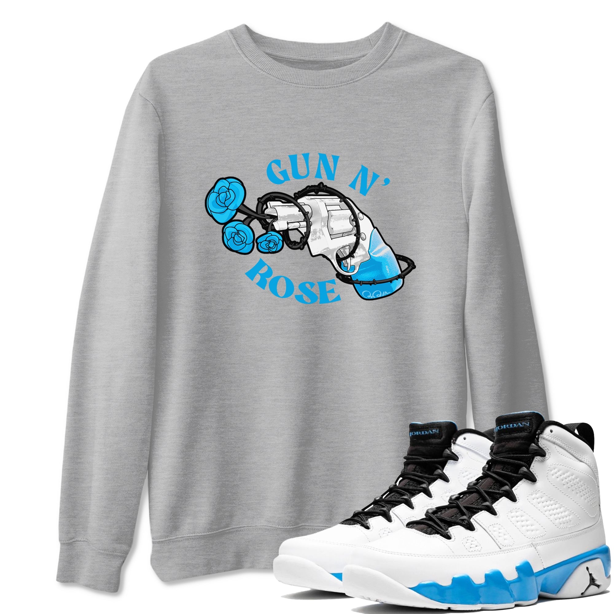 9s Powder Blue shirt to match jordans Gun N Rose sneaker tees Air Jordan 9 Powder Blue Drip Gear Zone unisex cotton Heather Grey 1 crew neck shirt