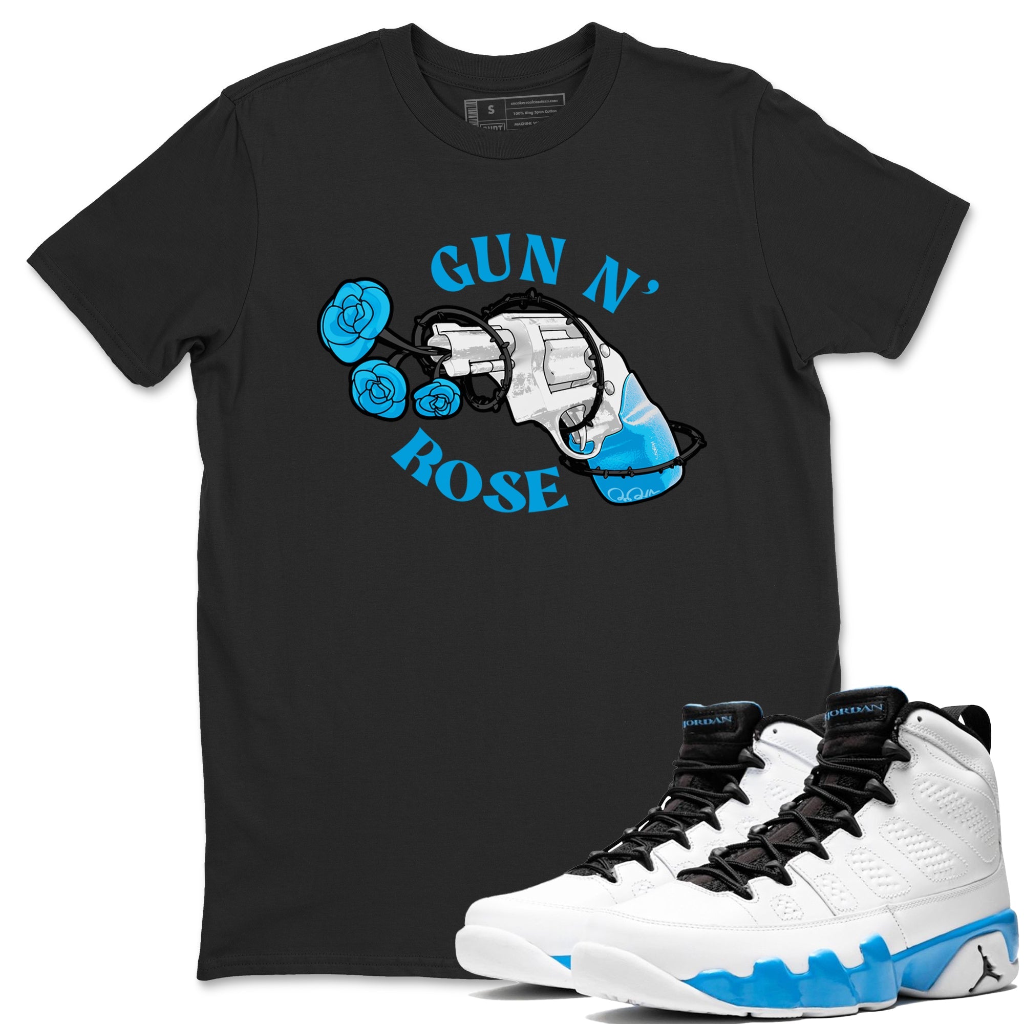 9s Powder Blue shirt to match jordans Gun N Rose sneaker tees Air Jordan 9 Powder Blue Drip Gear Zone unisex cotton Black 1 crew neck shirt
