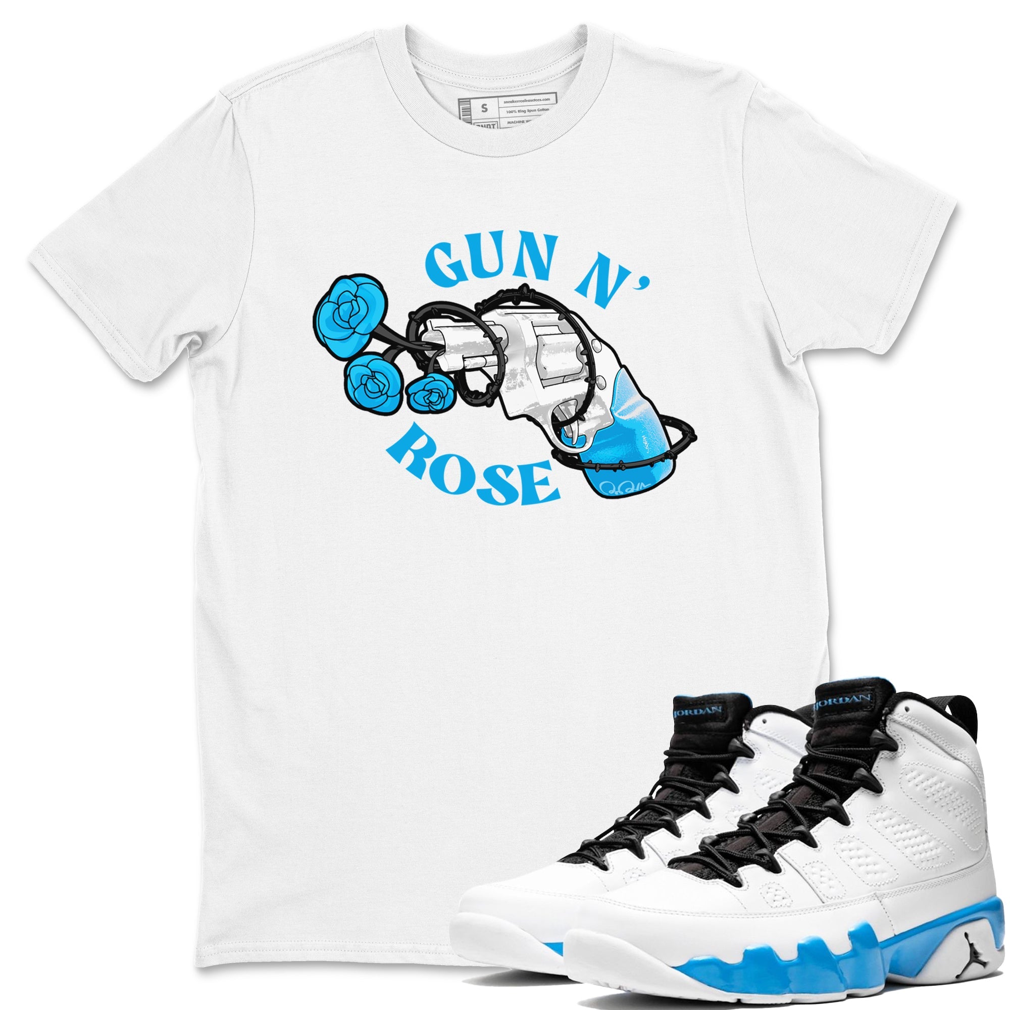 9s Powder Blue shirt to match jordans Gun N Rose sneaker tees Air Jordan 9 Powder Blue Drip Gear Zone unisex cotton White 1 crew neck shirt