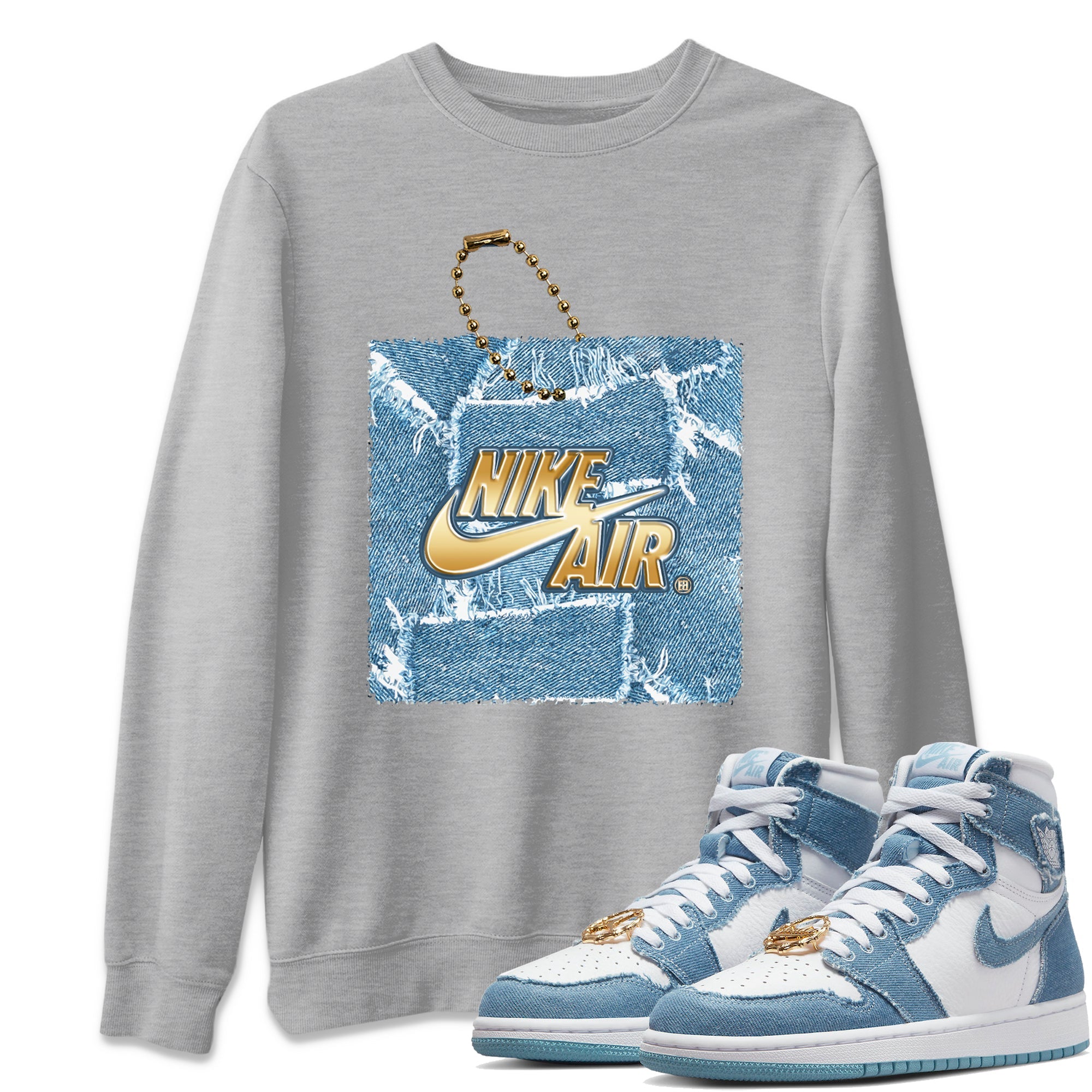 Jordan 1 Denim Sneaker Matching T-Shirt Hang Tag Sneaker Tees Jordan 1 Denim Sneaker Release Tees Crew Neck Tees