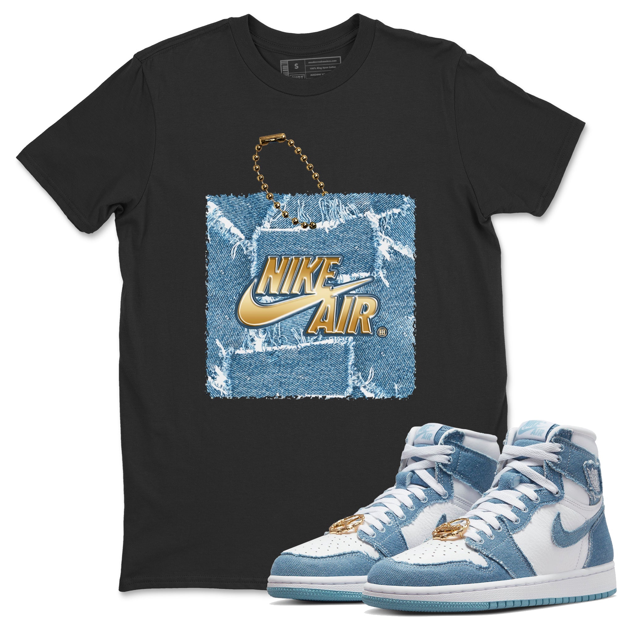 Jordan 1 Denim Sneaker Matching T-Shirt Hang Tag Sneaker Tees Jordan 1 Denim Sneaker Release Tees Crew Neck Tees