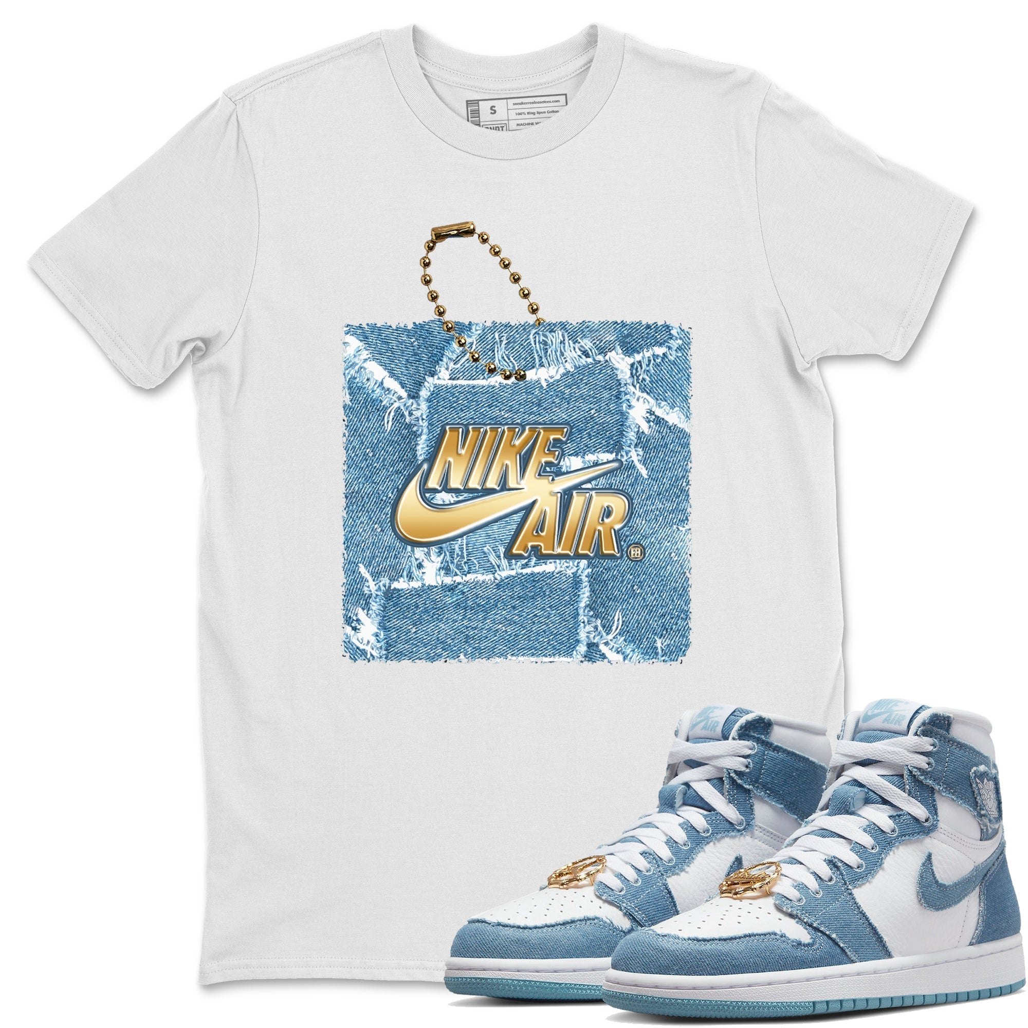 Jordan 1 Denim Sneaker Matching T-Shirt Hang Tag Sneaker Tees Jordan 1 Denim Sneaker Release Tees Crew Neck Tees