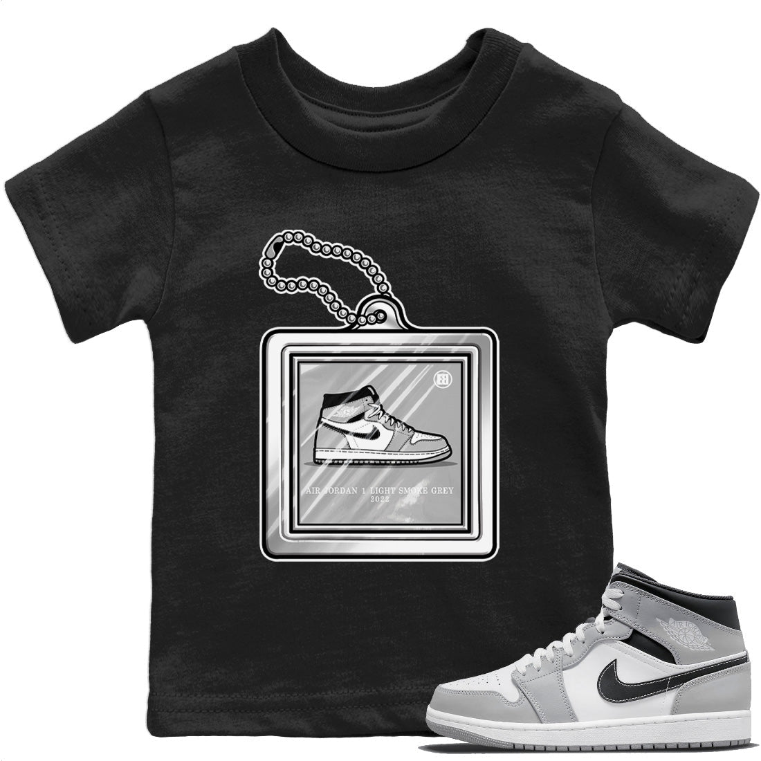 Jordan 1 Light Smoke Grey Sneaker Matching T-Shirt Hang Tag Sneaker Tees Jordan 1 Light Smoke Grey Sneaker Release Tees Kids Shirts