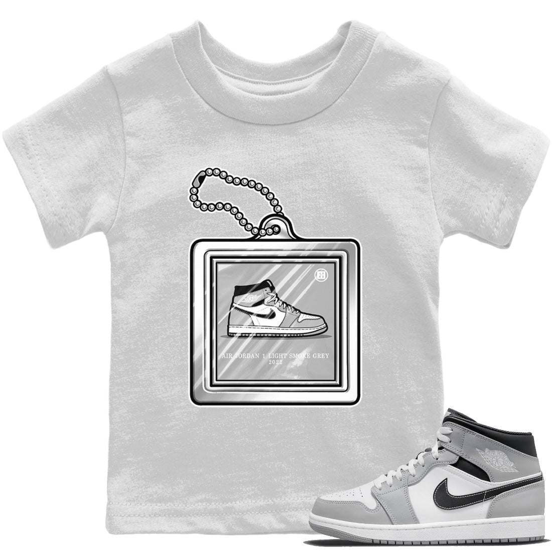 Jordan 1 Light Smoke Grey Sneaker Matching T-Shirt Hang Tag Sneaker Tees Jordan 1 Light Smoke Grey Sneaker Release Tees Kids Shirts