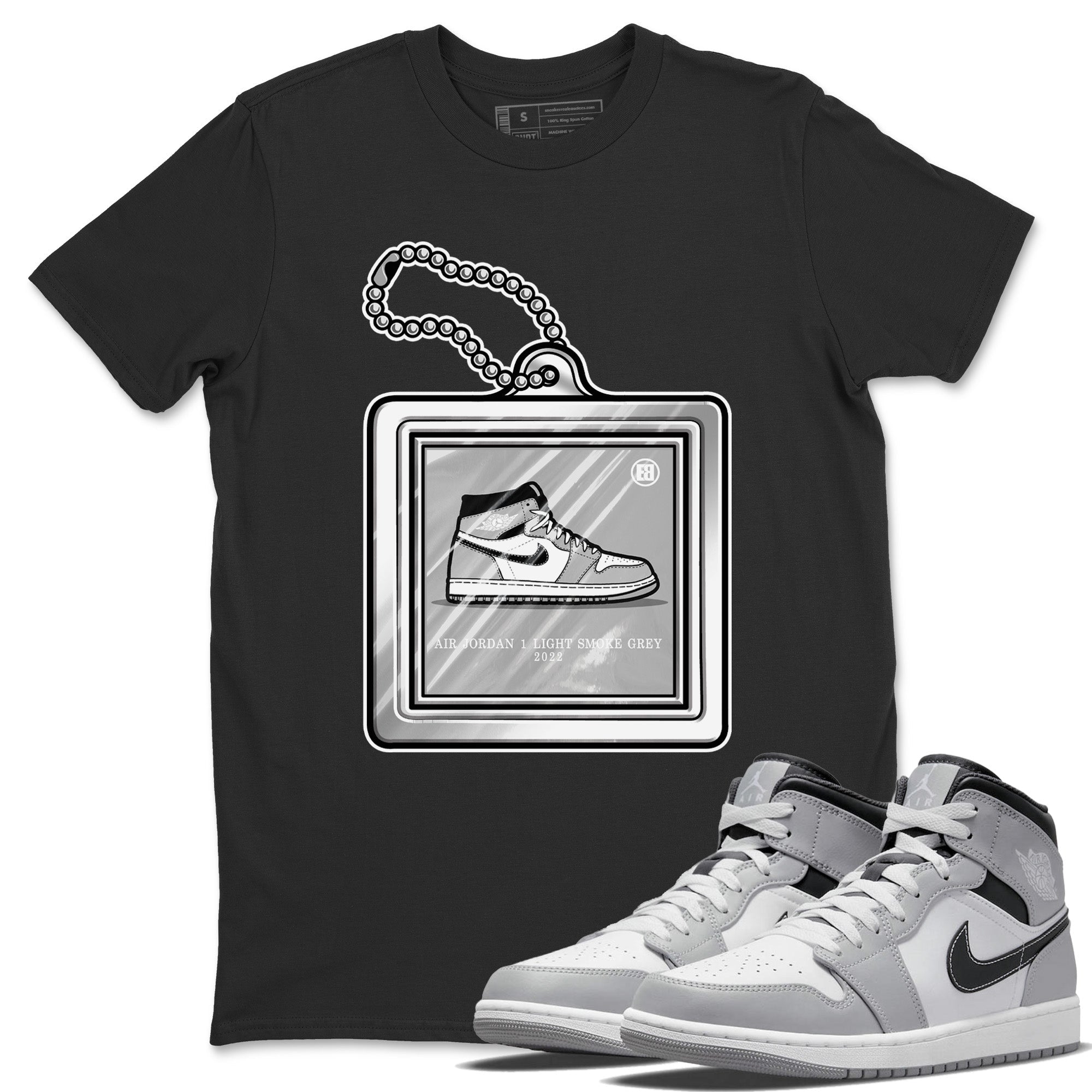 Jordan 1 Light Smoke Grey Sneaker Matching T-Shirt Hang Tag Sneaker Tees Jordan 1 Light Smoke Grey Sneaker Release Tees Crew Neck Tees