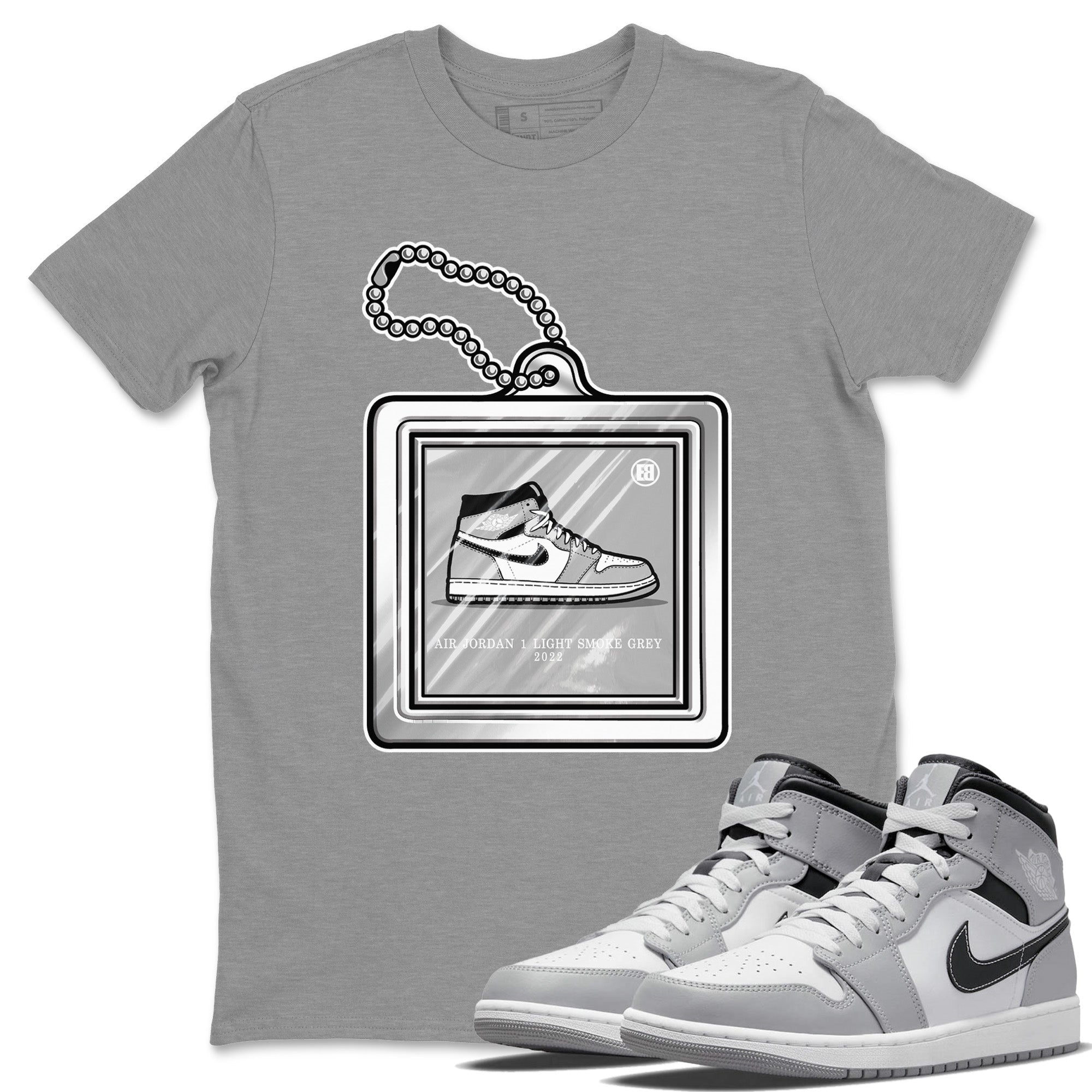 Jordan 1 Light Smoke Grey Sneaker Matching T-Shirt Hang Tag Sneaker Tees Jordan 1 Light Smoke Grey Sneaker Release Tees Crew Neck Tees