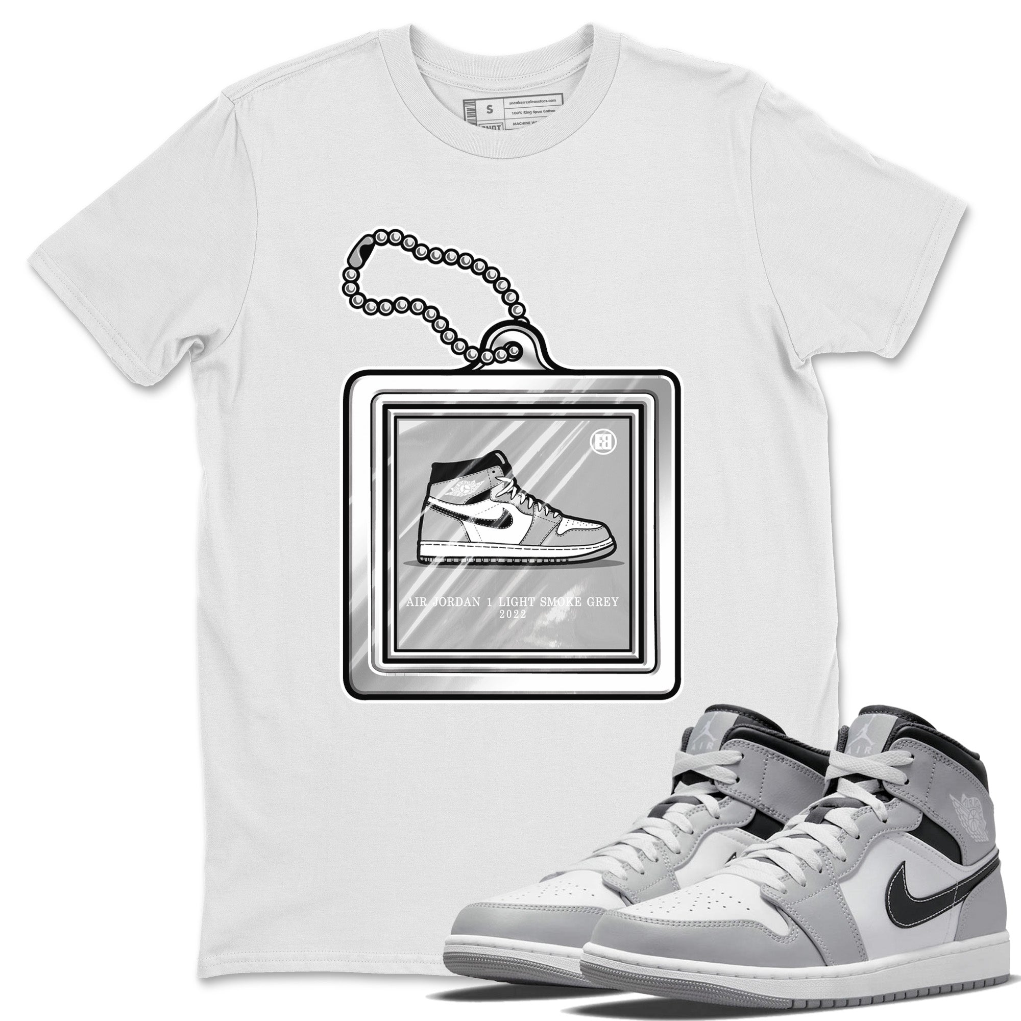 Jordan 1 Light Smoke Grey Sneaker Matching T-Shirt Hang Tag Sneaker Tees Jordan 1 Light Smoke Grey Sneaker Release Tees Crew Neck Tees