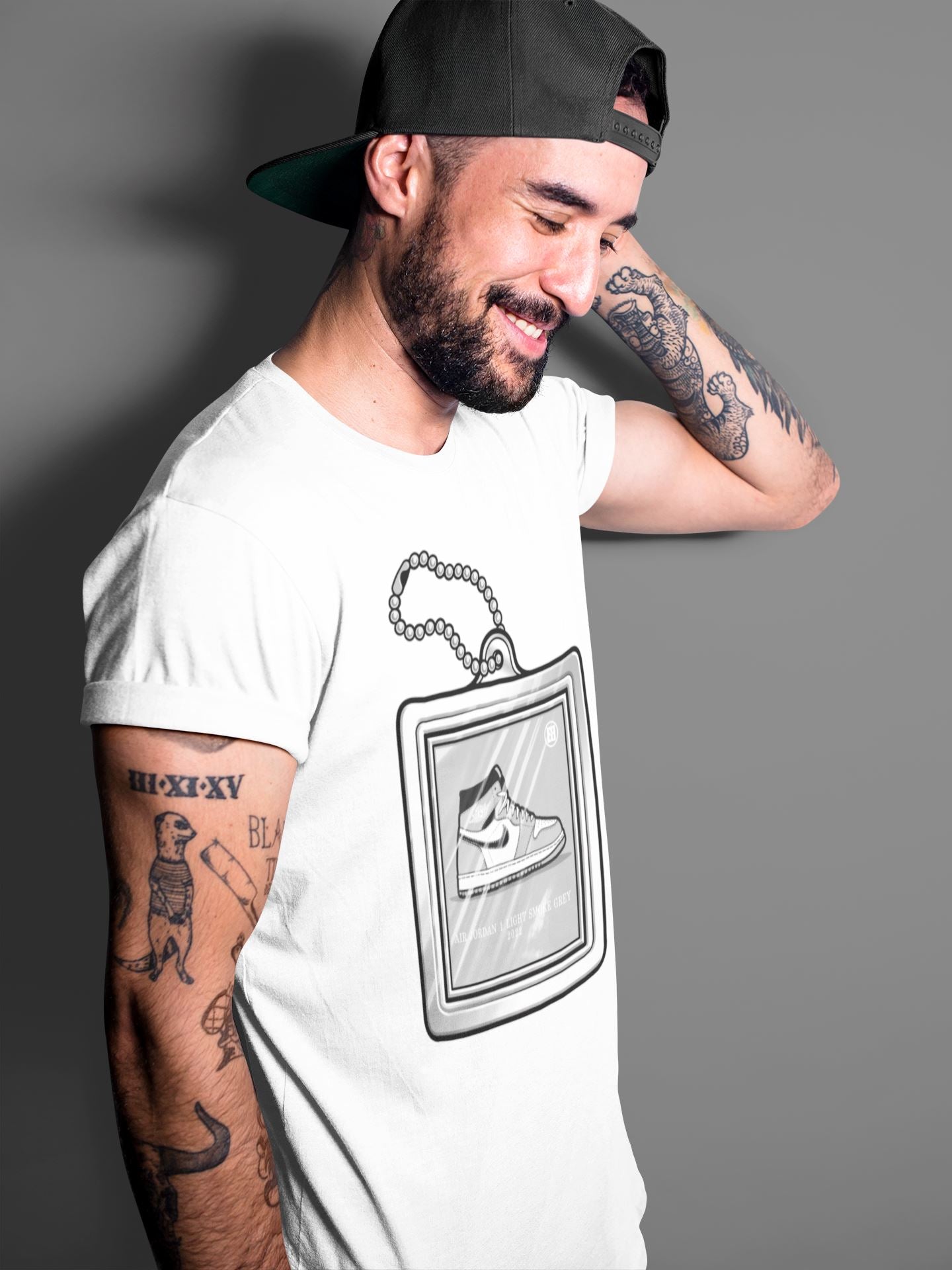 Jordan 1 Light Smoke Grey Sneaker Matching T-Shirt Hang Tag Sneaker Tees Jordan 1 Light Smoke Grey Sneaker Release Tees Crew Neck Tees