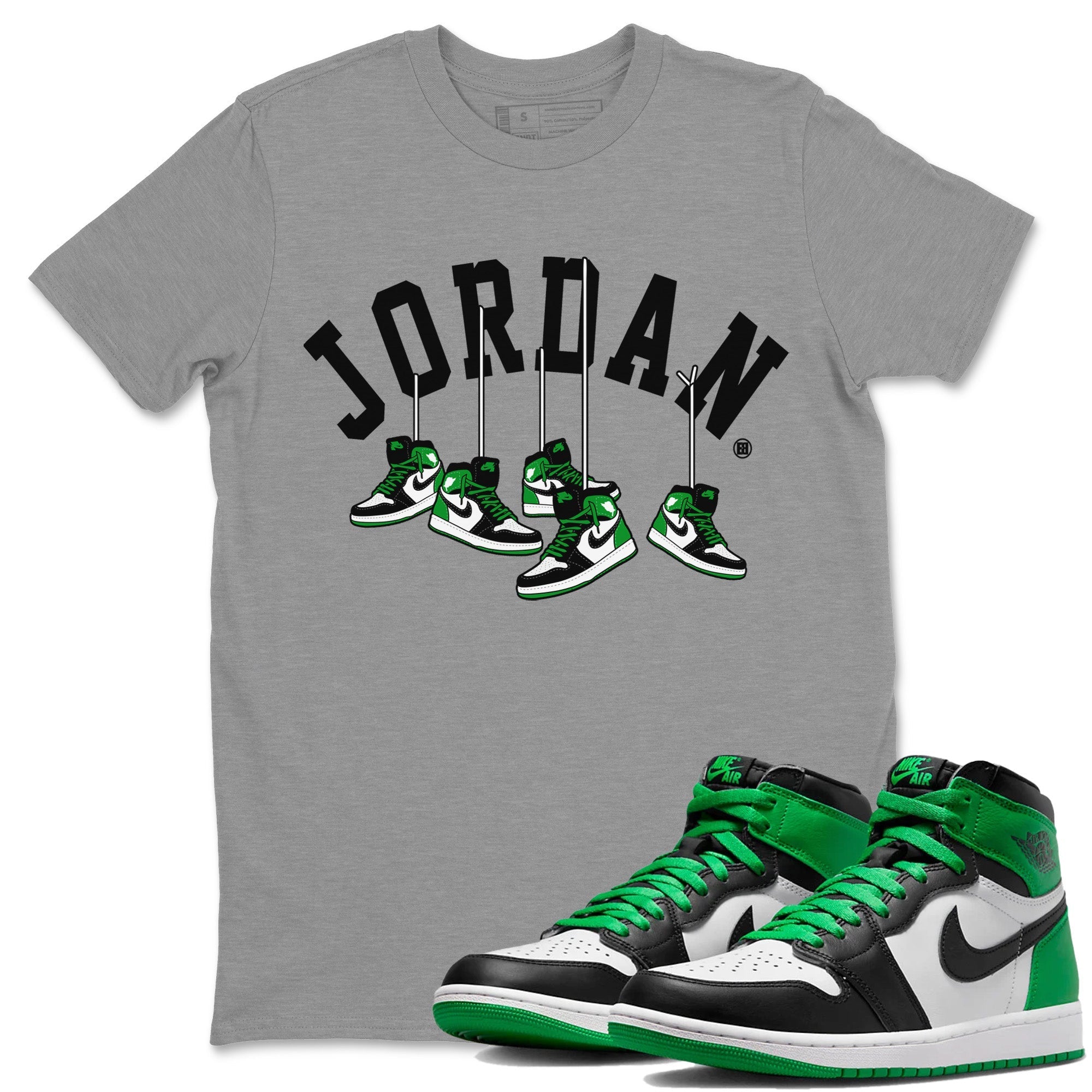 Air Jordan 1 Celtics Hanging Sneakers Crew Neck Sneaker Tees Air Jordan 1 Retro Celtics Sneaker T-Shirts Size Chart