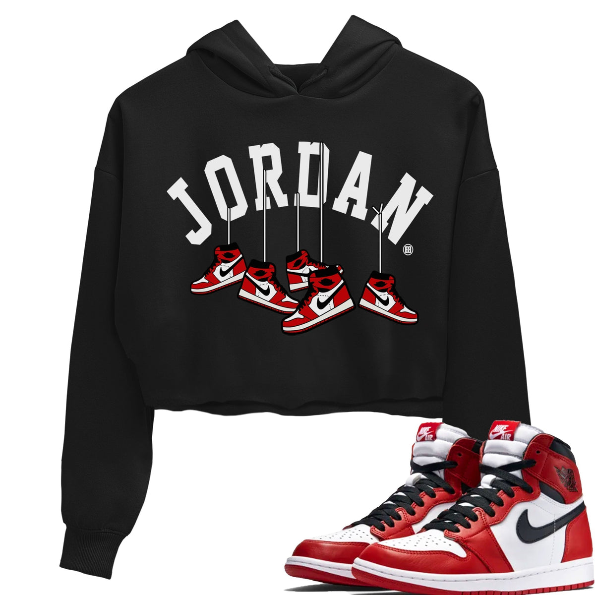 Jordan 1 Chicago Sneaker Matching T-Shirt Hanging Sneakers Sneaker Tees Jordan 1 Chicago Sneaker Release Tees Women's Shirts