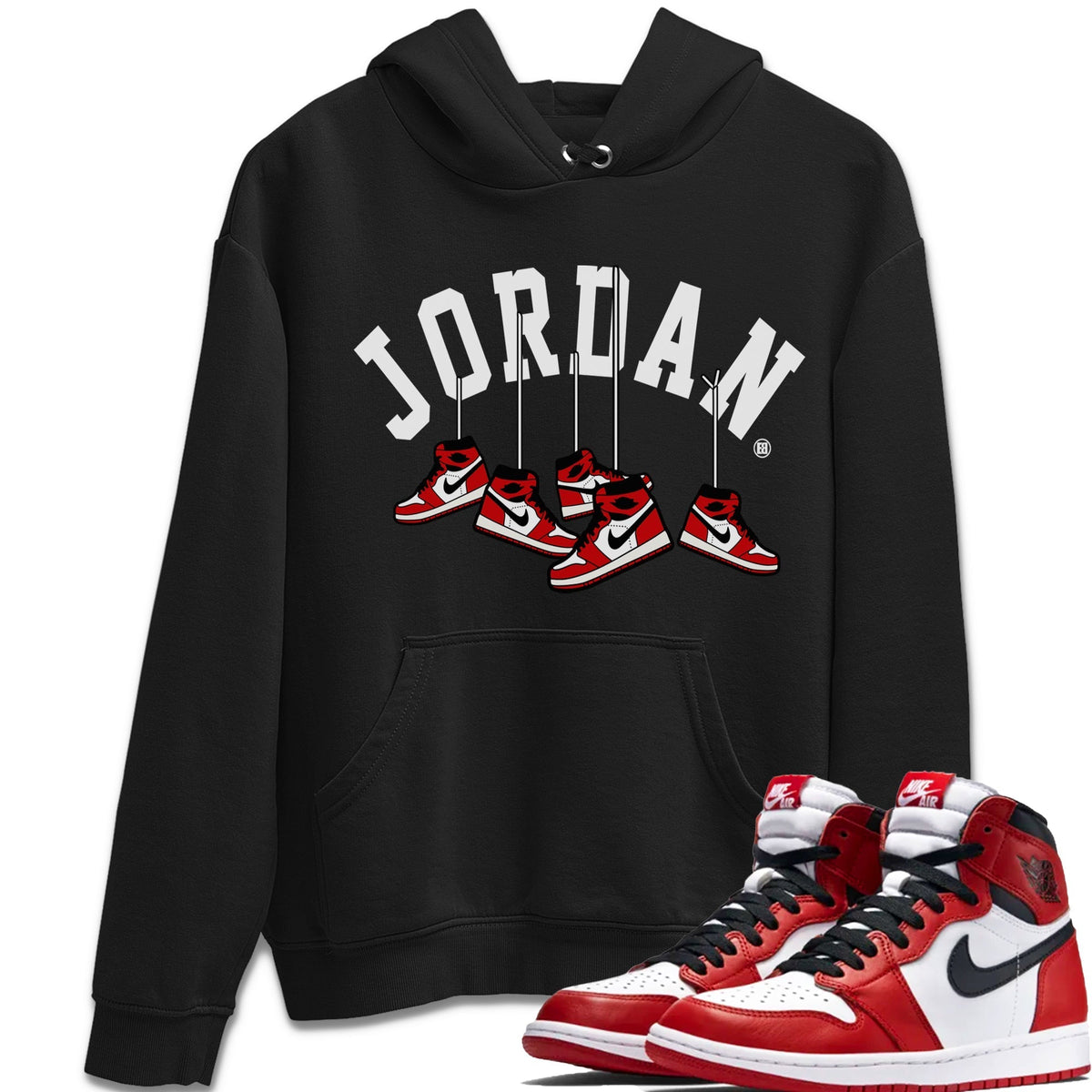 Jordan 1 Chicago Sneaker Matching T-Shirt Hanging Sneakers Sneaker Tees Jordan 1 Chicago Sneaker Release Tees Crew Neck Tees