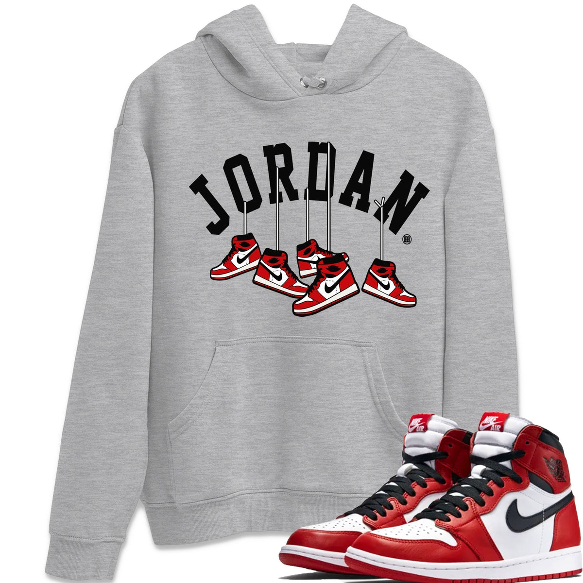 Jordan 1 Chicago Sneaker Matching T-Shirt Hanging Sneakers Sneaker Tees Jordan 1 Chicago Sneaker Release Tees Crew Neck Tees