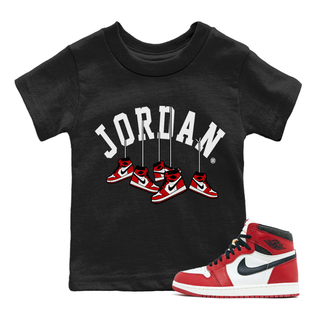 Jordan 1 Chicago Sneaker Matching T-Shirt Hanging Sneakers Sneaker Tees Jordan 1 Chicago Sneaker Release Tees Kids Shirts