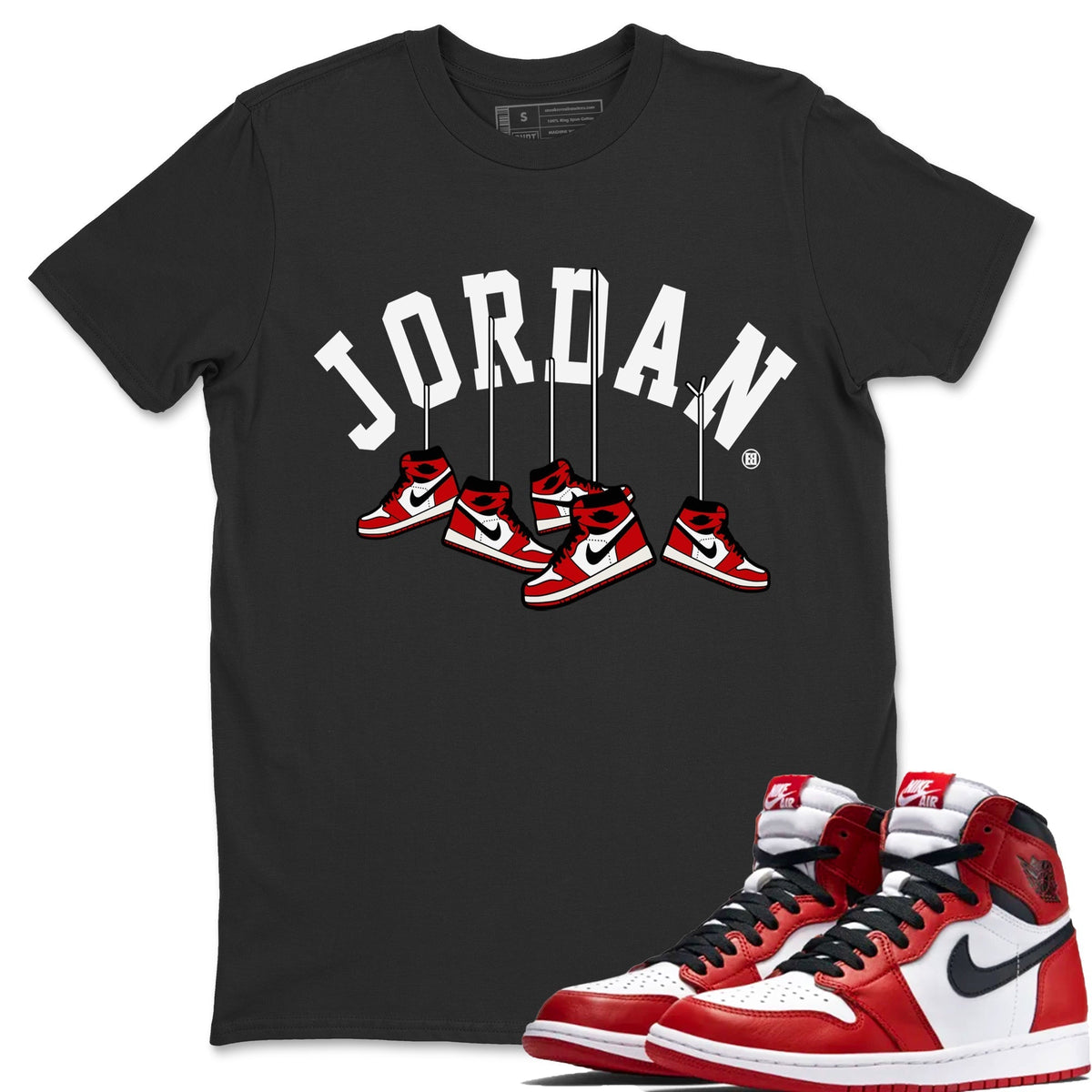 Jordan 1 Chicago Sneaker Matching T-Shirt Hanging Sneakers Sneaker Tees Jordan 1 Chicago Sneaker Release Tees Crew Neck Tees