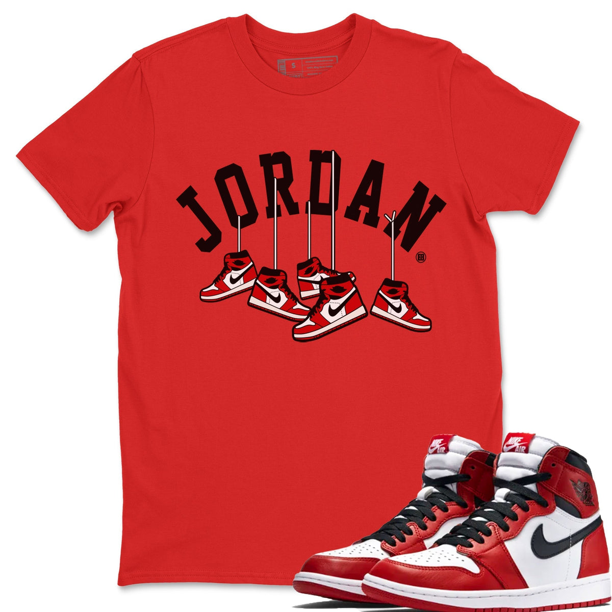 Jordan 1 Chicago Sneaker Matching T-Shirt Hanging Sneakers Sneaker Tees Jordan 1 Chicago Sneaker Release Tees Crew Neck Tees