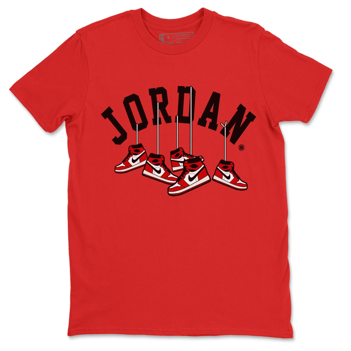 Jordan 1 Chicago Sneaker Matching T-Shirt Hanging Sneakers Sneaker Tees Jordan 1 Chicago Sneaker Release Tees Crew Neck Tees