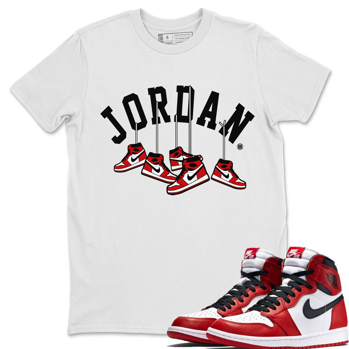Jordan 1 Chicago Sneaker Matching T-Shirt Hanging Sneakers Sneaker Tees Jordan 1 Chicago Sneaker Release Tees Crew Neck Tees