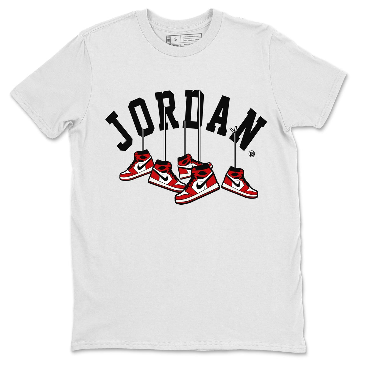 Jordan 1 Chicago Sneaker Matching T-Shirt Hanging Sneakers Sneaker Tees Jordan 1 Chicago Sneaker Release Tees Crew Neck Tees