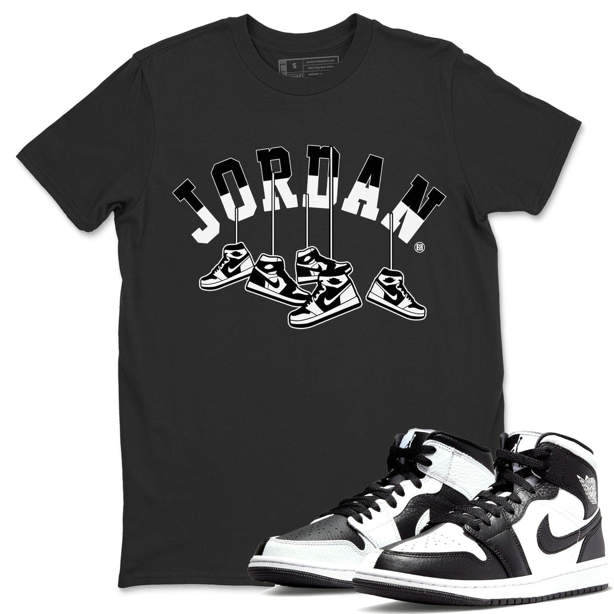 Jordan 1 Homage Sneaker Matching T-Shirt Hanging Sneakers Sneaker Tees Jordan 1 Homage Sneaker Release Tees Crew Neck Tees