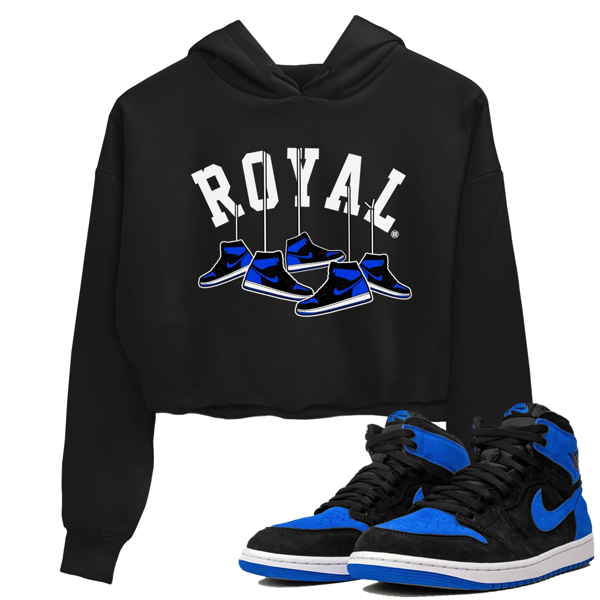 Air Jordan 1 Royal Reimagined shirt to match jordans Hanging Sneakers sneaker tees Air Jordan 1 High OG Royal Reimagined Drip Gear Zone Black 1 Crop T-Shirt