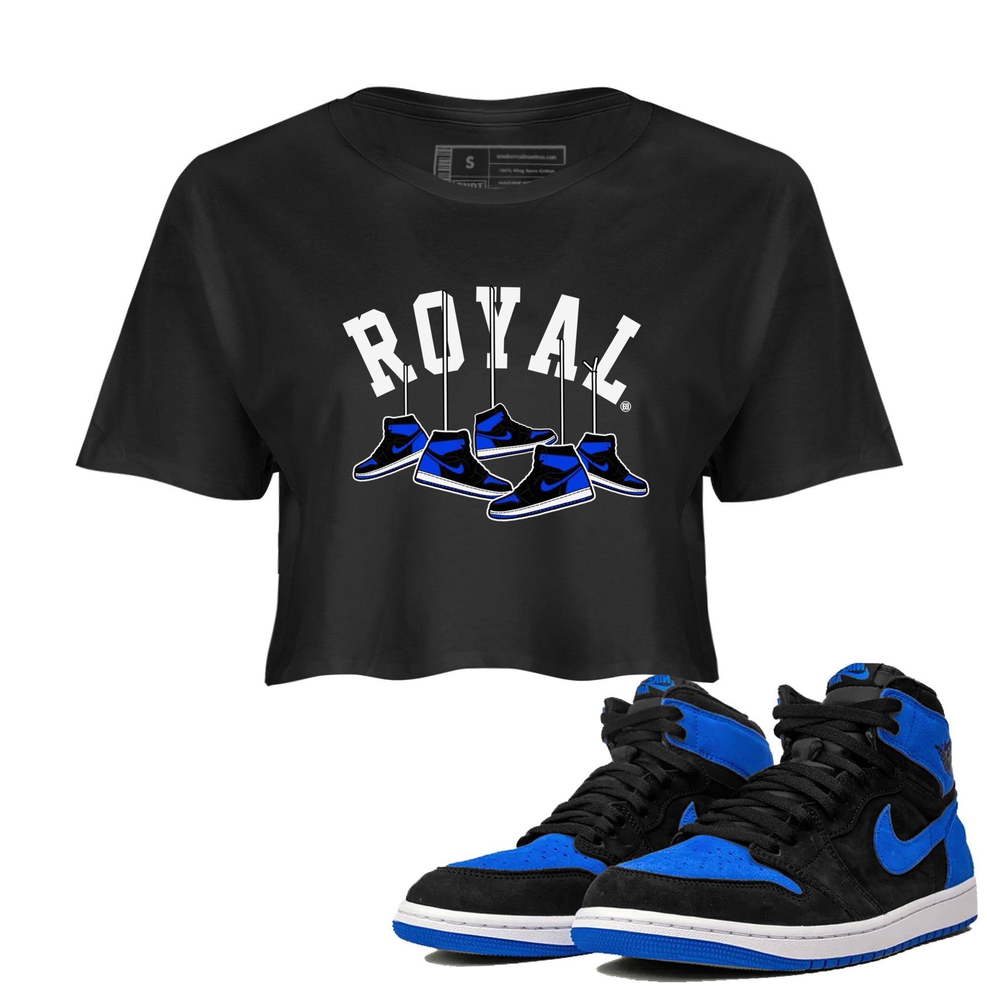 Air Jordan 1 Royal Reimagined shirt to match jordans Hanging Sneakers sneaker tees Air Jordan 1 High OG Royal Reimagined Drip Gear Zone Black 1 Crop T-Shirt