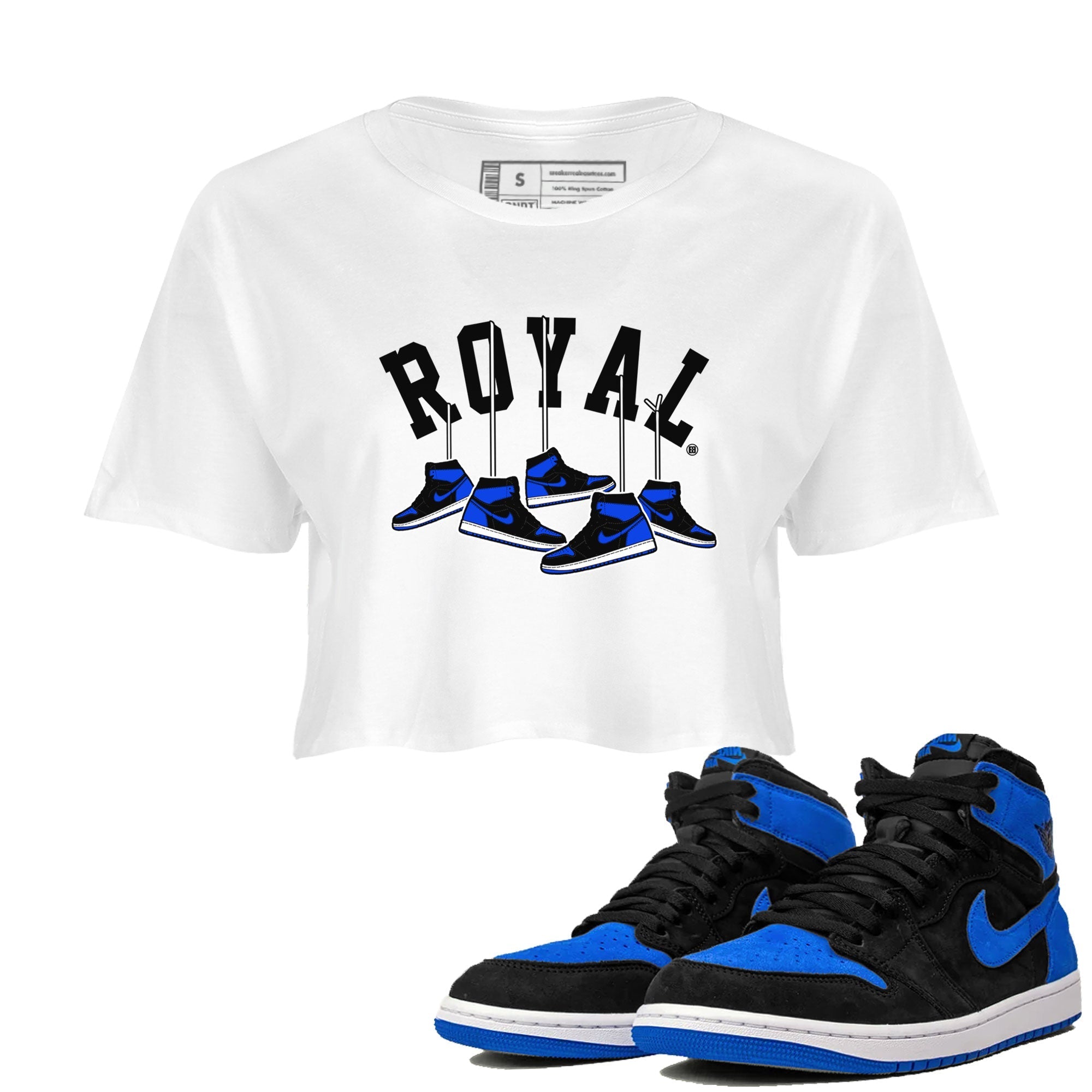 Air Jordan 1 Royal Reimagined shirt to match jordans Hanging Sneakers sneaker tees Air Jordan 1 High OG Royal Reimagined Drip Gear Zone White 1 Crop T-Shirt