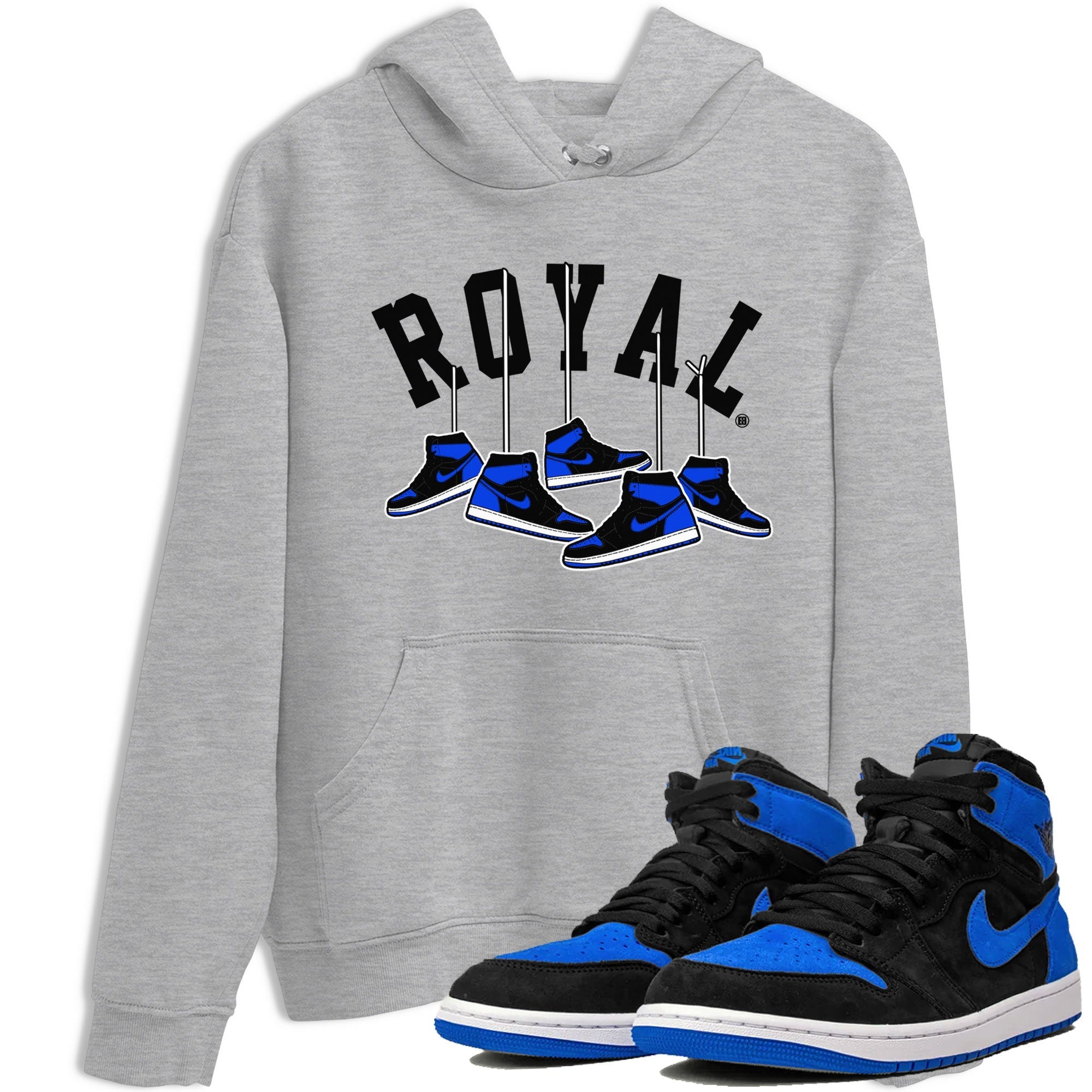Air Jordan 1 Royal Reimagined shirt to match jordans Hanging Sneakers sneaker tees Air Jordan 1 High OG Royal Reimagined Drip Gear Zone Unisex Sneaker Tees and Sneaker Match T-Shirt Heather Grey 1 T-Shirt