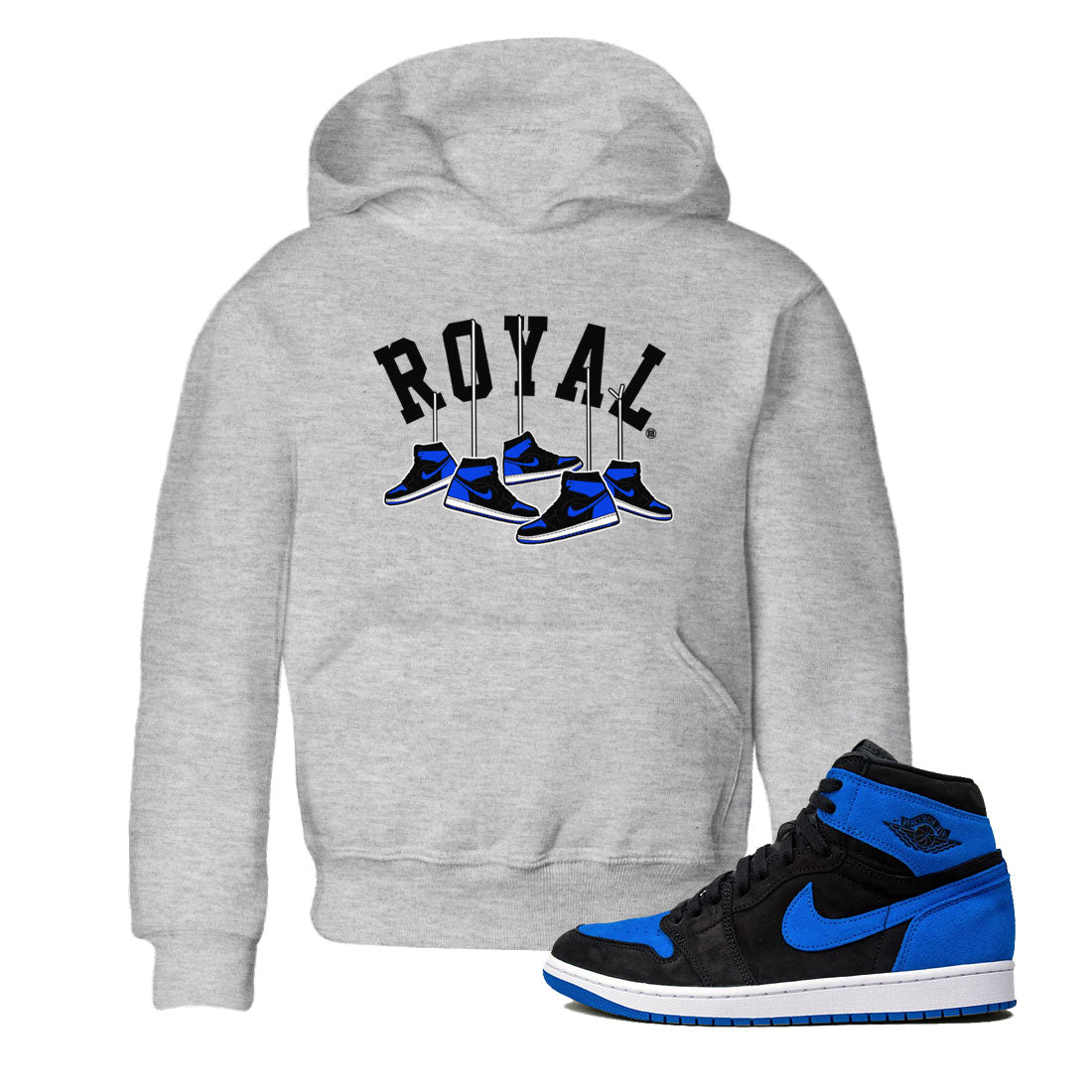 Air Jordan 1 Royal Reimagined shirt to match jordans Hanging Sneakers sneaker tees Air Jordan 1 High OG Royal Reimagined Drip Gear Zone Kids Baby Toddler sneaker shirts Heather Grey 1 T-Shirt