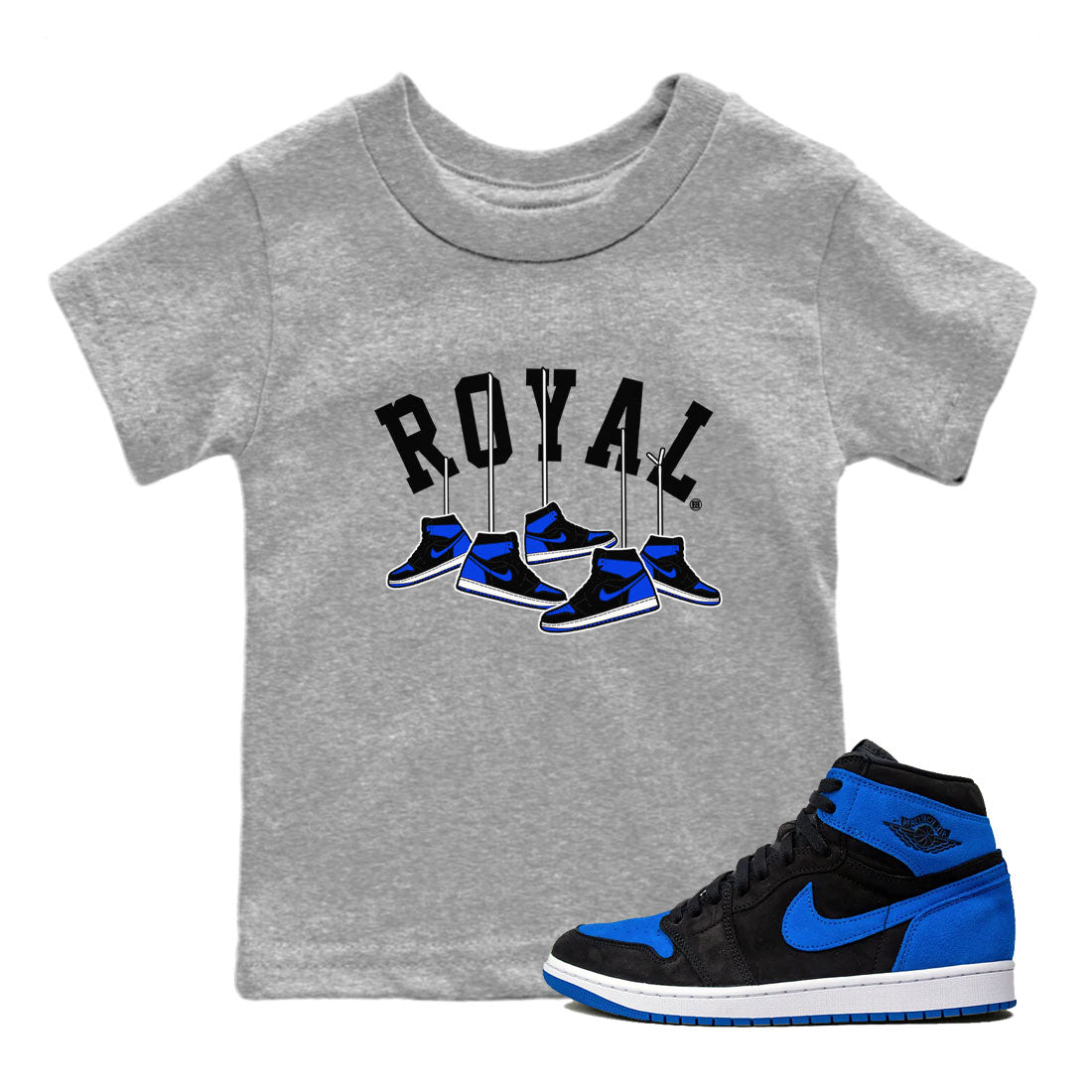 Air Jordan 1 Royal Reimagined shirt to match jordans Hanging Sneakers sneaker tees Air Jordan 1 High OG Royal Reimagined Drip Gear Zone Kids Baby Toddler sneaker shirts Heather Grey 1 T-Shirt