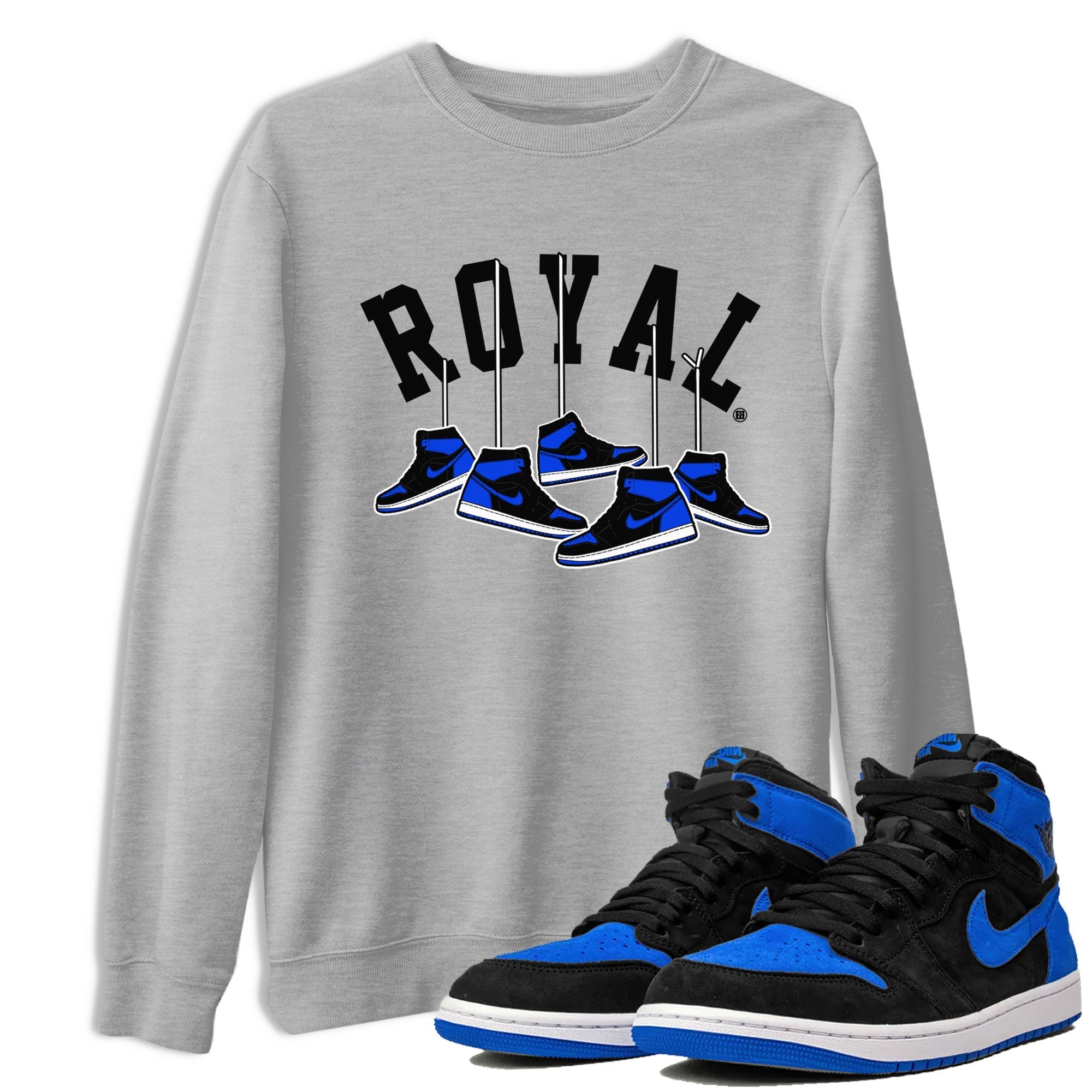 Air Jordan 1 Royal Reimagined shirt to match jordans Hanging Sneakers sneaker tees Air Jordan 1 High OG Royal Reimagined Drip Gear Zone Unisex Sneaker Tees and Sneaker Match T-Shirt Heather Grey 1 T-Shirt