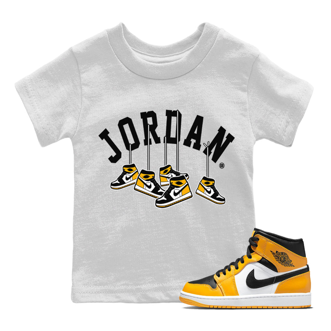 Jordan 1 Taxi Sneaker Matching T-Shirt Hanging Sneakers Sneaker Tees Jordan 1 Taxi Sneaker Release Tees Kids Shirts