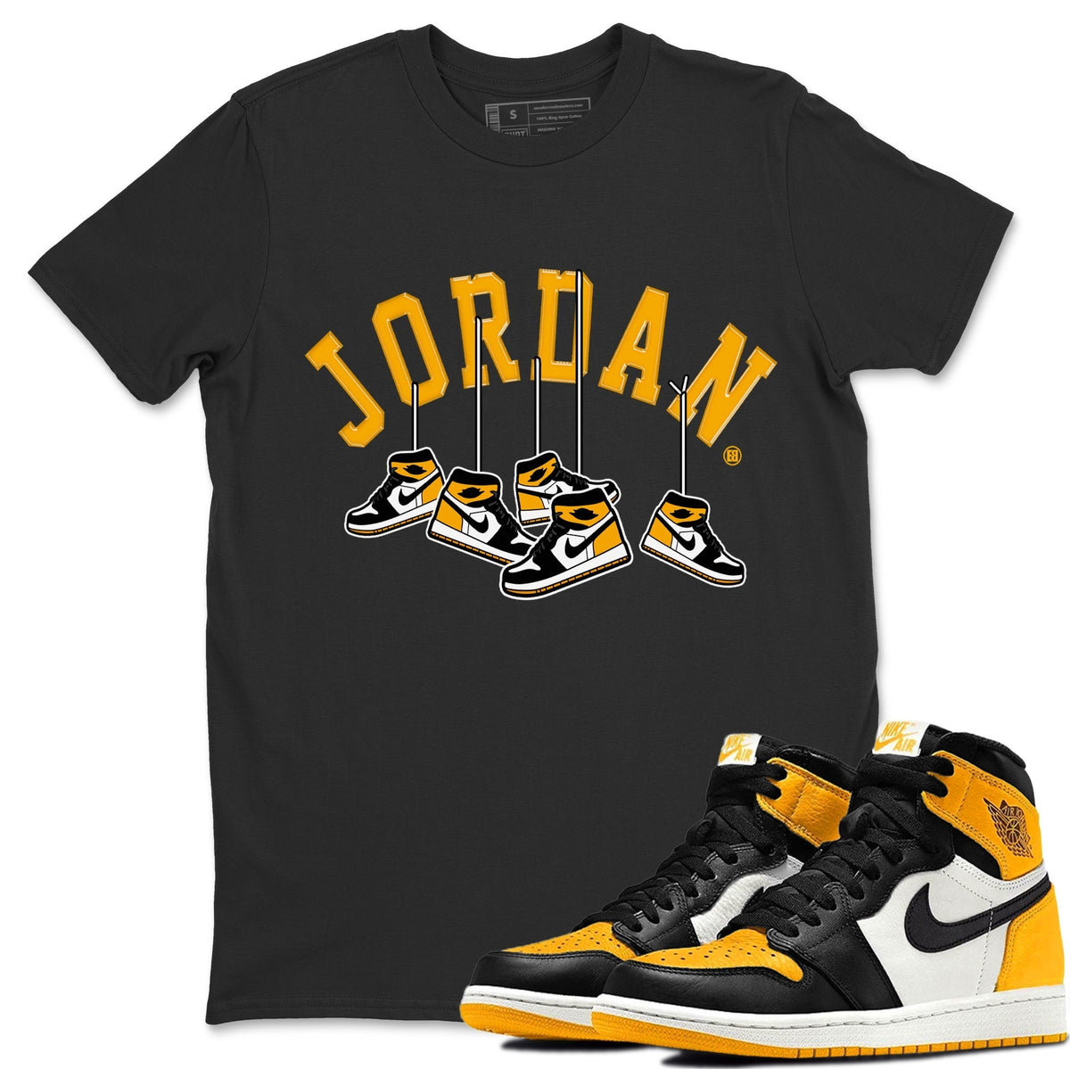 Jordan 1 Taxi Sneaker Matching T-Shirt Hanging Sneakers Sneaker Tees Jordan 1 Taxi Sneaker Release Tees Crew Neck Tees