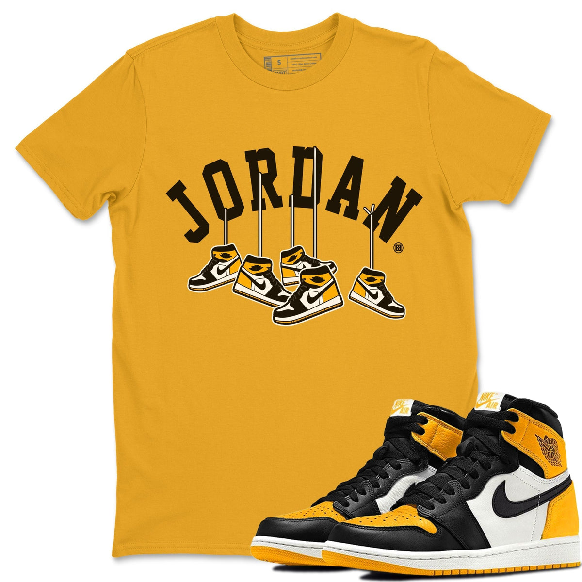 Jordan 1 Taxi Sneaker Matching T-Shirt Hanging Sneakers Sneaker Tees Jordan 1 Taxi Sneaker Release Tees Crew Neck Tees