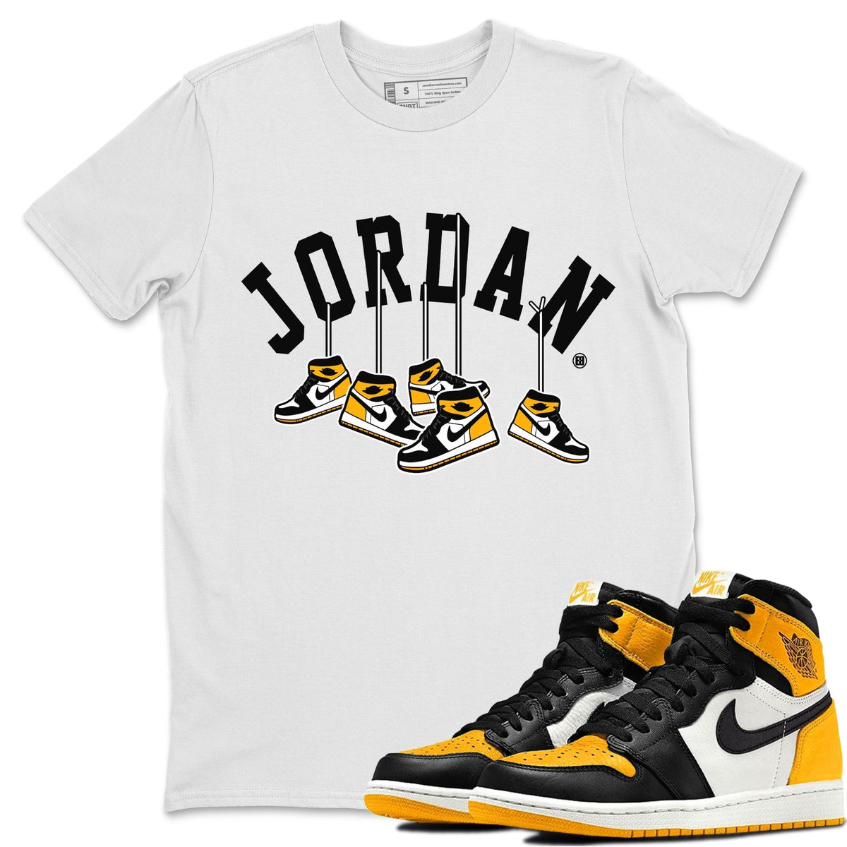 Jordan 1 Taxi Sneaker Matching T-Shirt Hanging Sneakers Sneaker Tees Jordan 1 Taxi Sneaker Release Tees Crew Neck Tees
